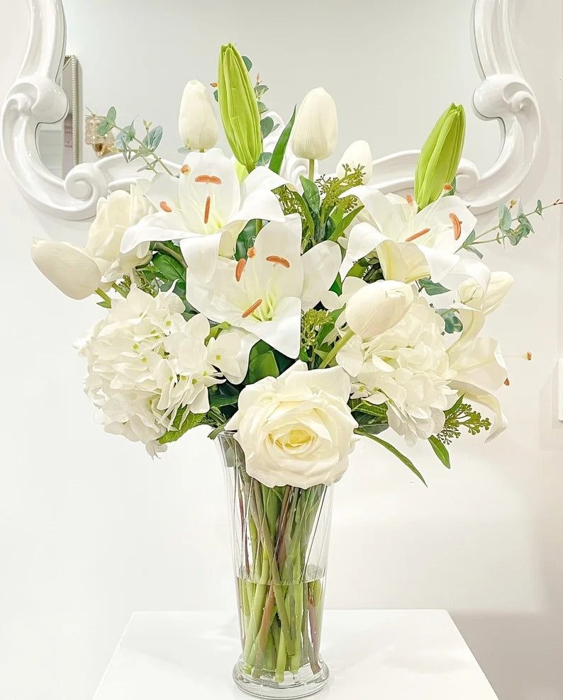 artificial white lilies Large Elegant White Lilies Centerpiece In Tall Glass Vase