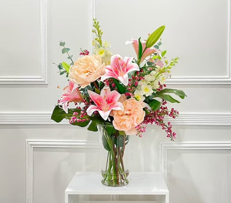 XLarge Exclusive Real Touch Pink French Flower Centerpiece In Glass Vase