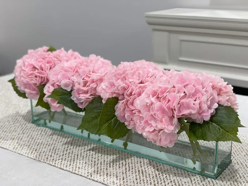 French Artificial Hydrangeas Centerpiece In Long Glass Vase