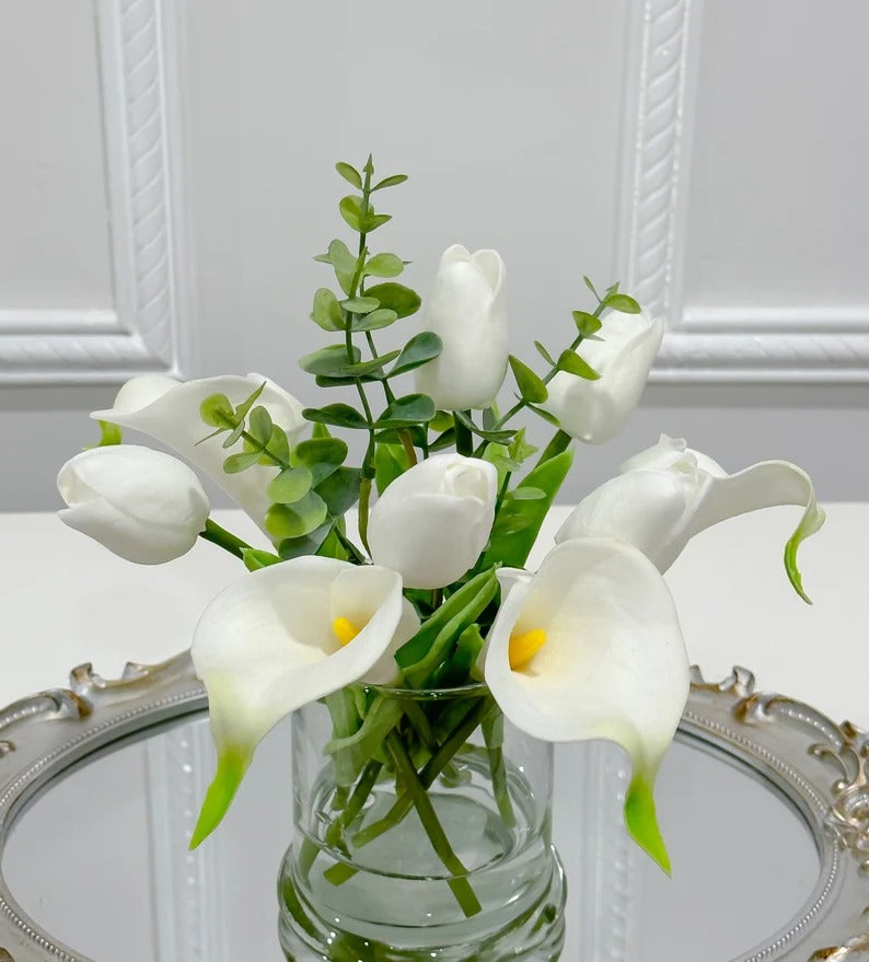 Real Touch White Tulips Calla Lily Modern Home Decor Arrangement in Glass Vase