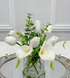 Real Touch White Tulips Calla Lily Modern Home Decor Arrangement in Glass Vase
