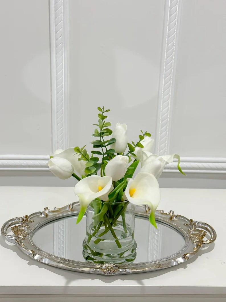 Real Touch White Tulips Calla Lily Modern Home Decor Arrangement in Glass Vase