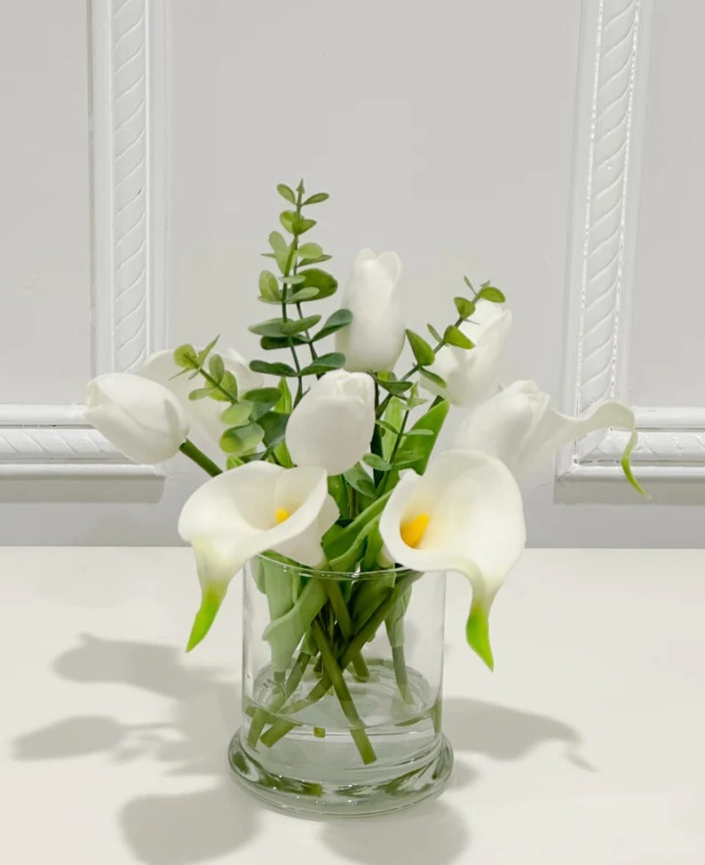 Real Touch White Tulips Calla Lily Modern Home Decor Arrangement in Glass Vase