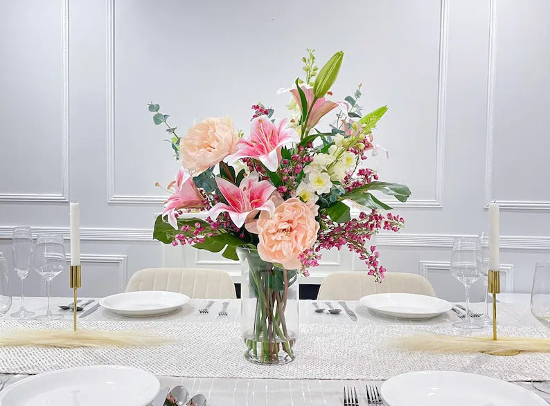 XLarge Exclusive Real Touch Pink French Flower Centerpiece In Glass Vase