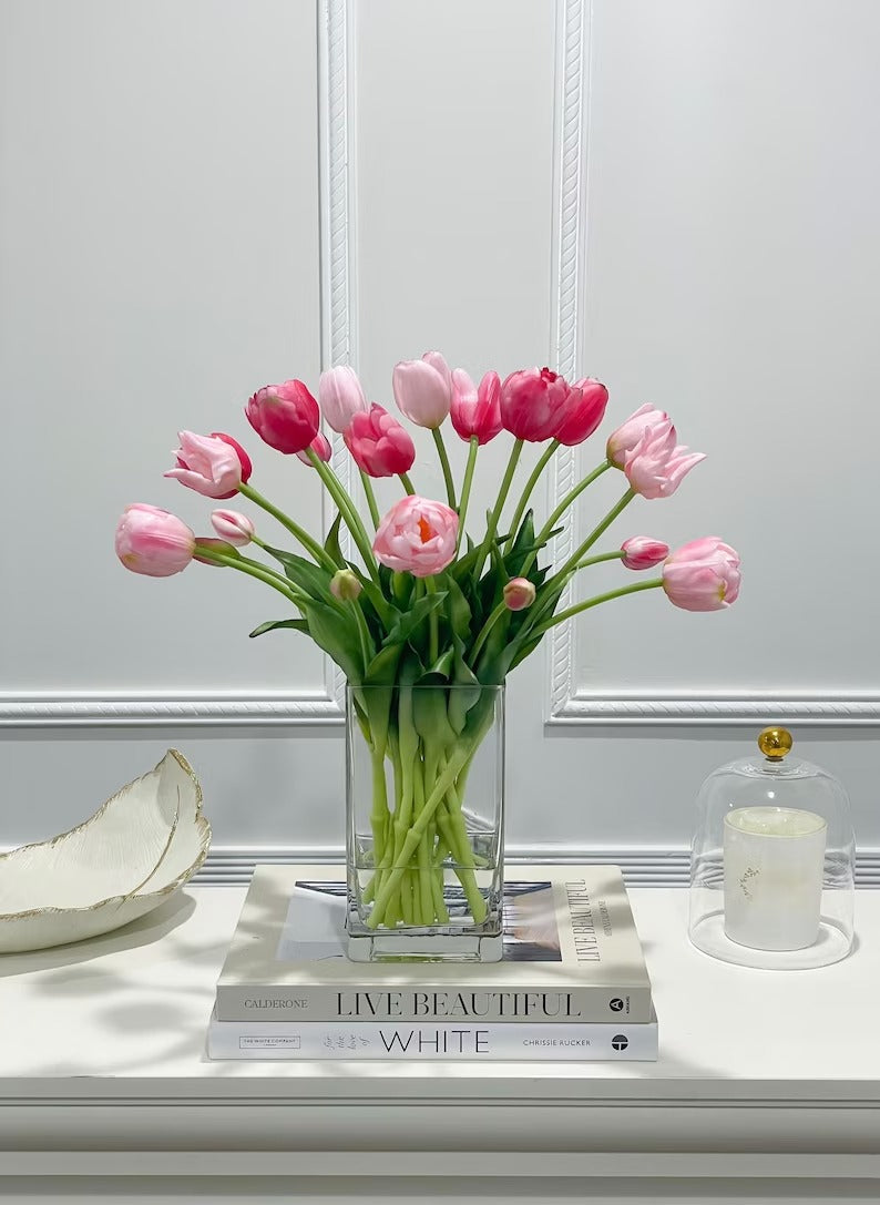 Spring Peony Tulip Arrangement in Glass Vase Modern French Home Decor