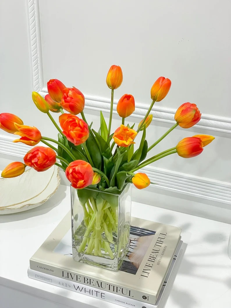 Spring Peony Tulip Arrangement in Glass Vase Modern French Home Decor