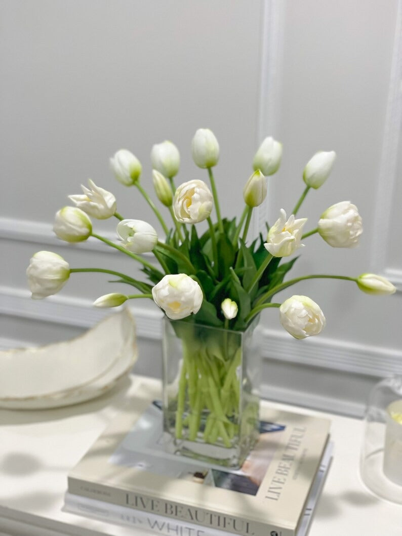 Spring Peony Tulip Arrangement in Glass Vase Modern French Home Decor