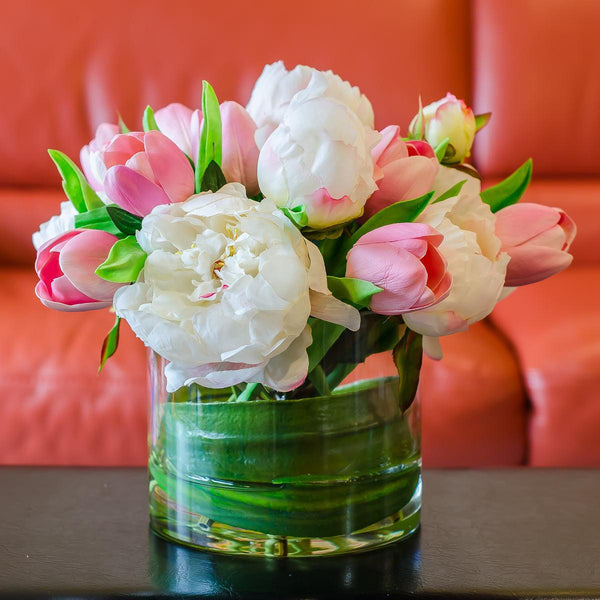Silk White Peony & Real Touch Pink Tulip Arrangement