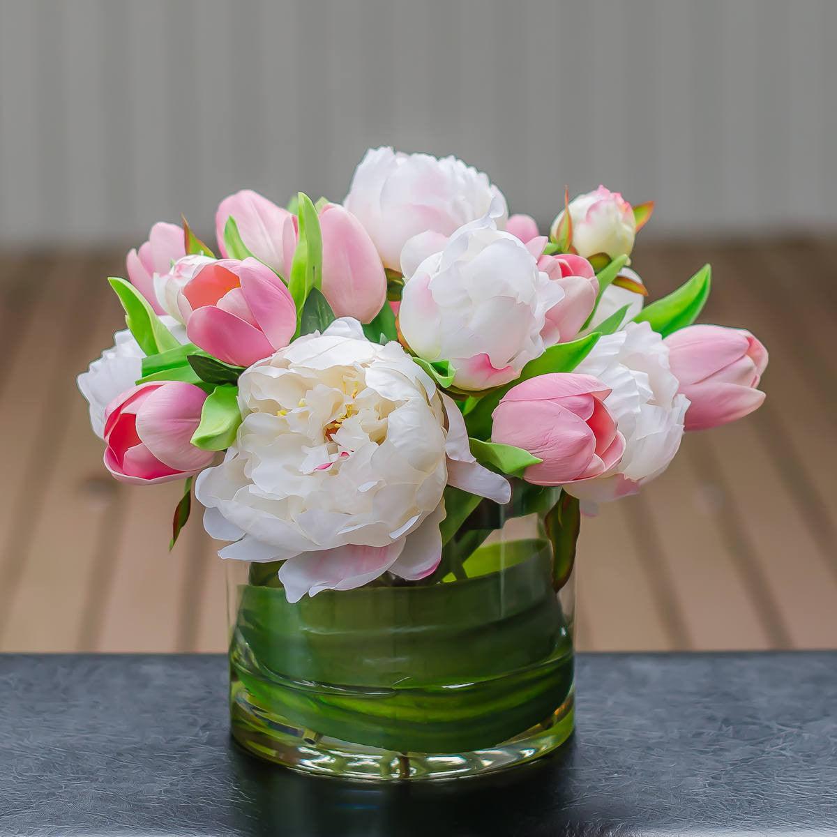 Silk White Peony & Real Touch Pink Tulip Arrangement