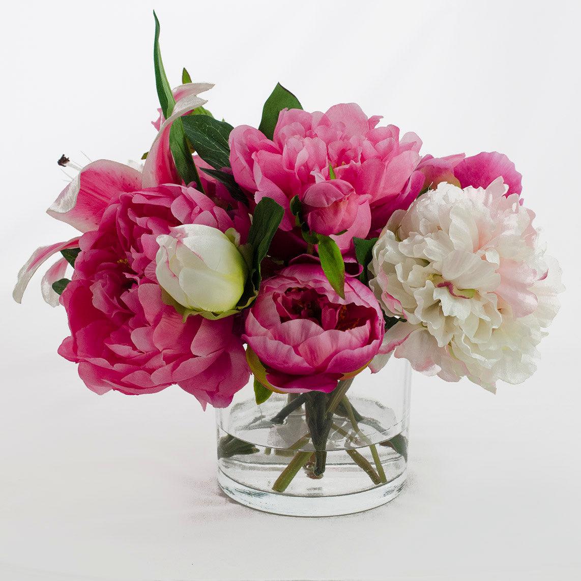 Silk Pink Peonies Casablanca Lily Fuchsia Arrangement - Flovery