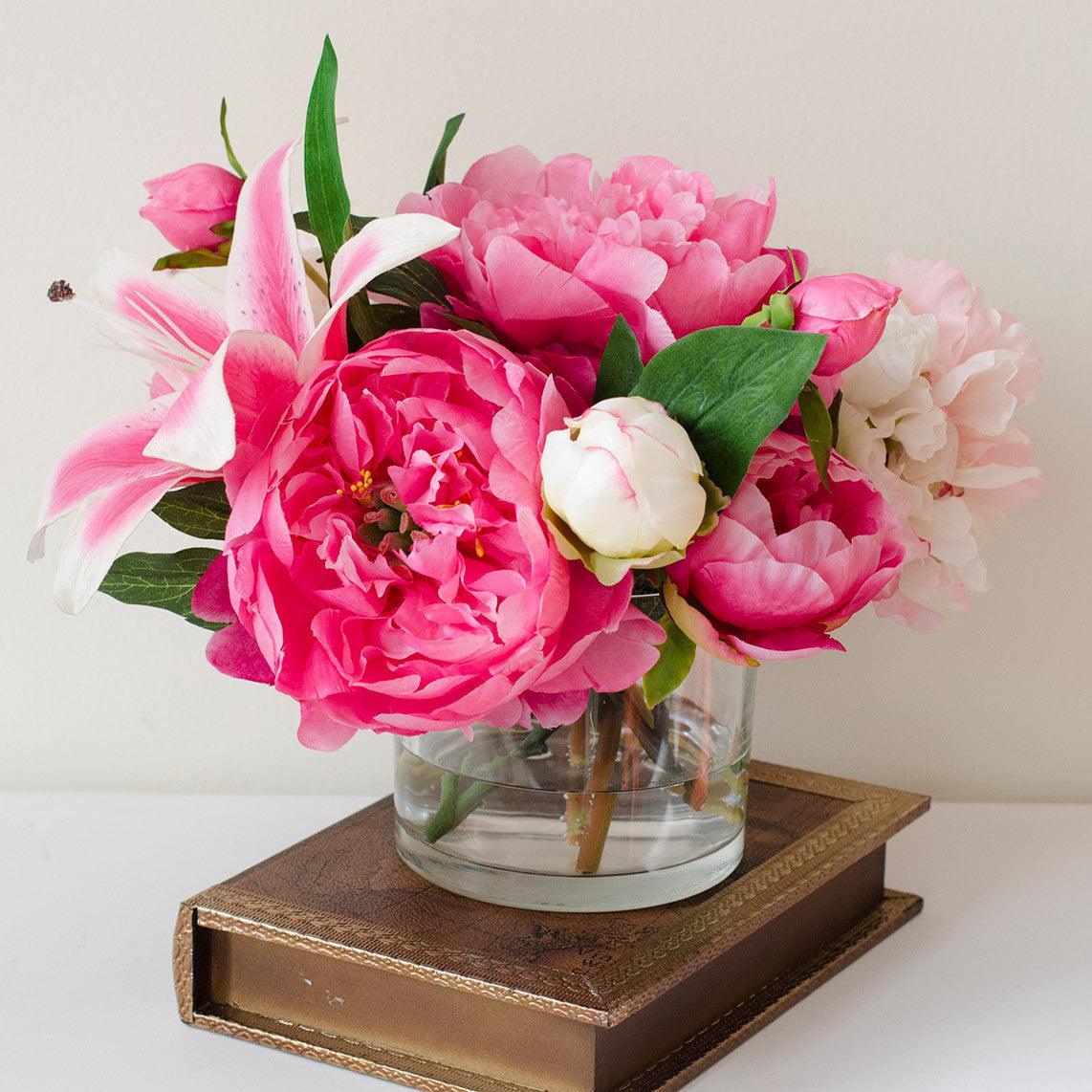 Silk Pink Peonies Casablanca Lily Fuchsia Arrangement - Flovery