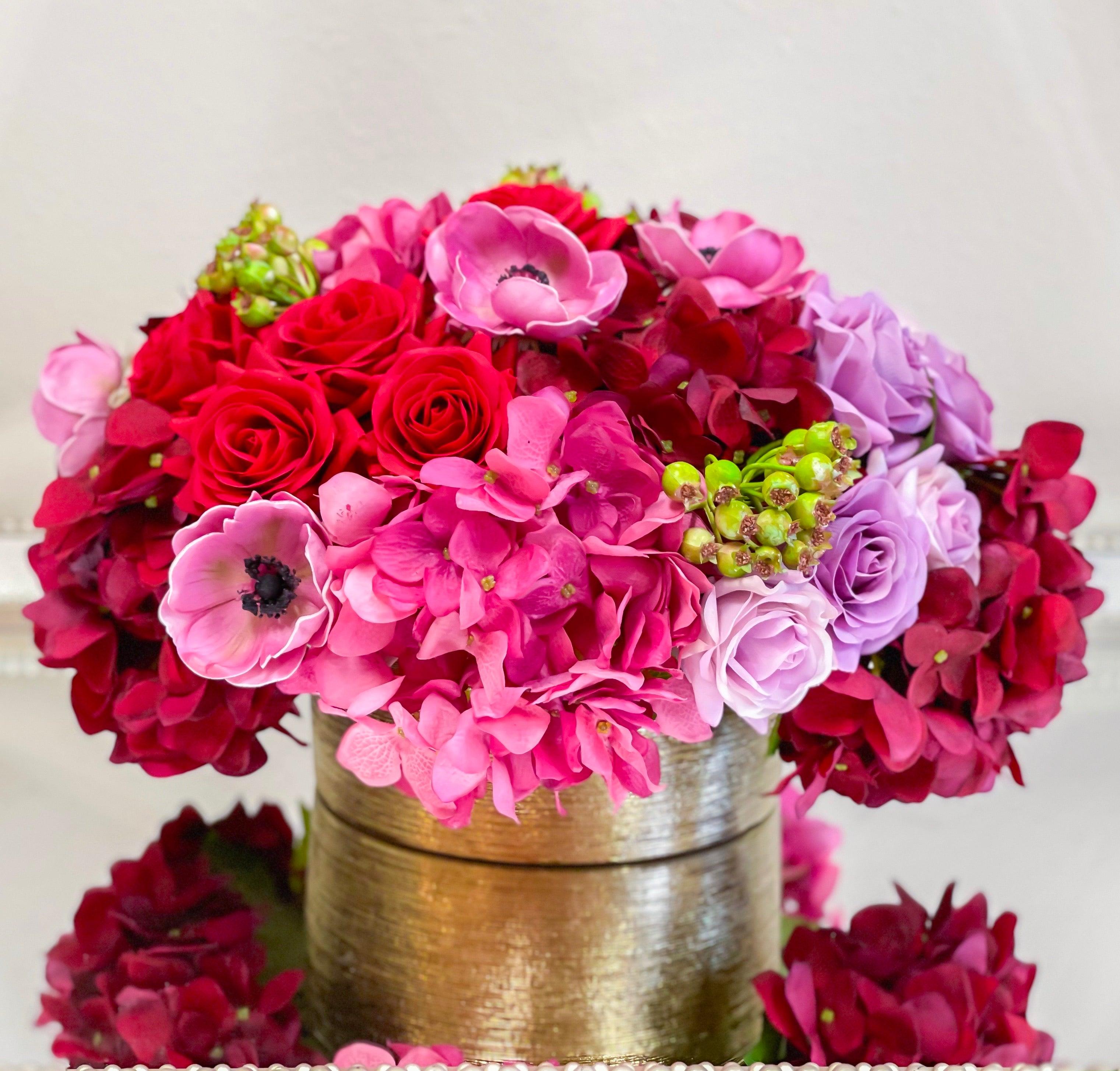 Red Rose Hydrangea Real Touch Arrangement in Gold Vase - Flovery