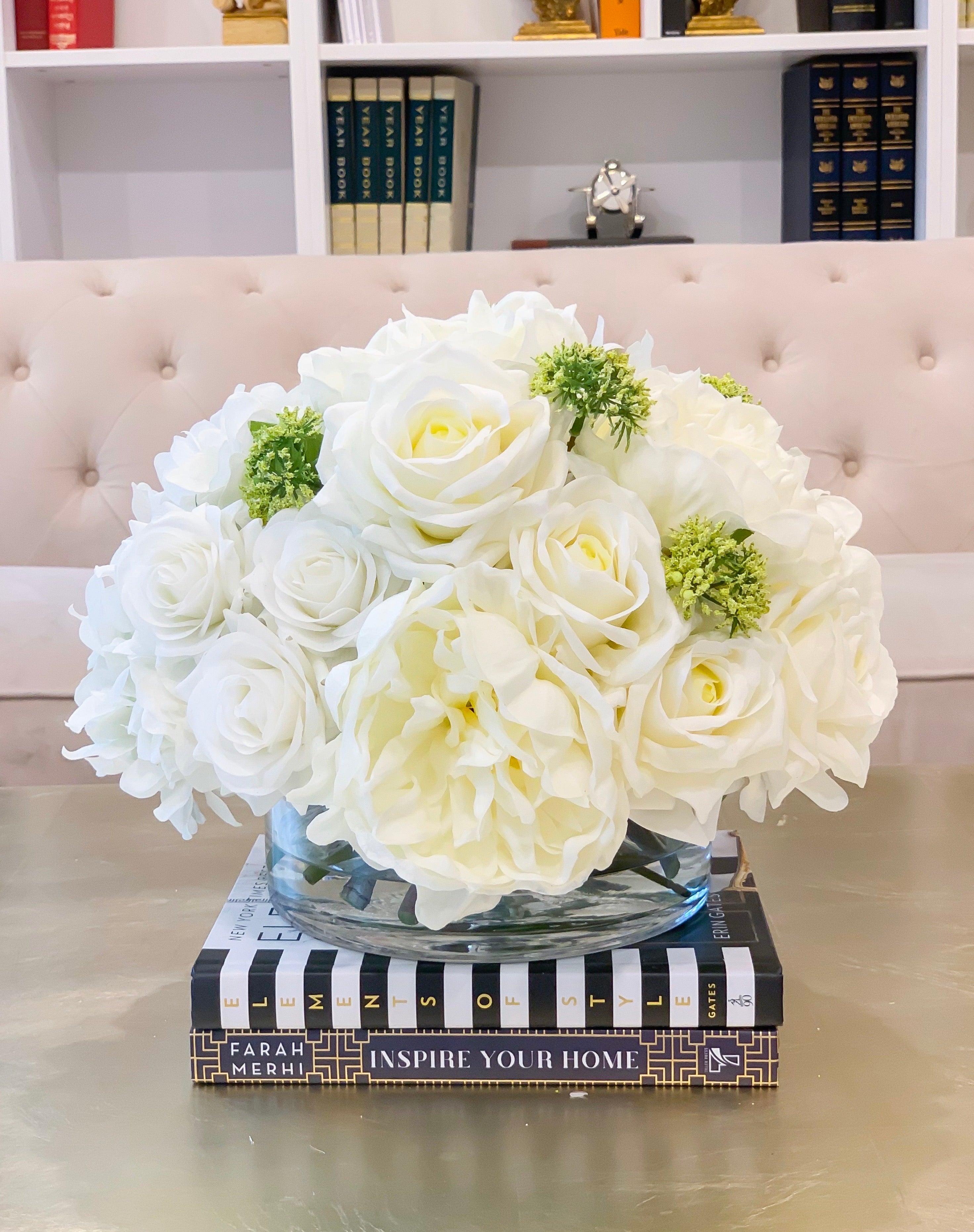 Large Real Touch Centerpiece-White Real Touch Roses-Peonies-Hydrangea Arrangement Dining Room-White Floral Arrangement-Luxury Faux Flowers - Flovery