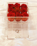 9 PREMIUM ECUADOR PRESERVED RED ROSES ARRANGEMENT IN JEWELRY ACRYLIC BOX WITH DRAWER - Flovery