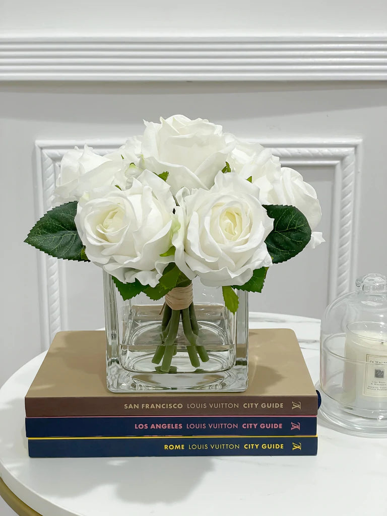 Real Touch Pink Roses Arrangement Square Glass - Flovery