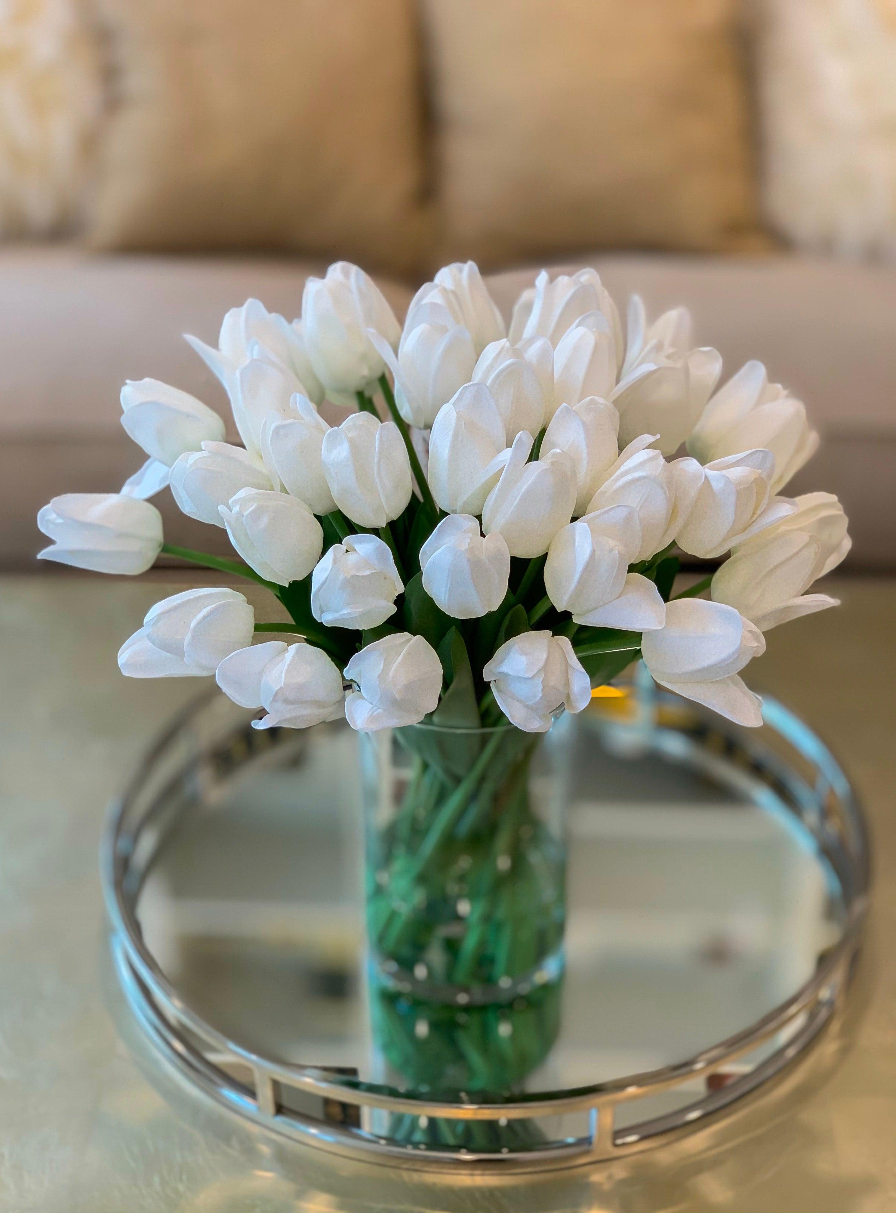 Large White Real Touch Tulip Arrangement-40 Tulips Centerpiece-Real Touch Flower Arrangement-Silk Flower Arrangement-Home Decor Arrangement - Flovery