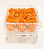 Premium Ecuador preserved orange roses in elegant acrylic box