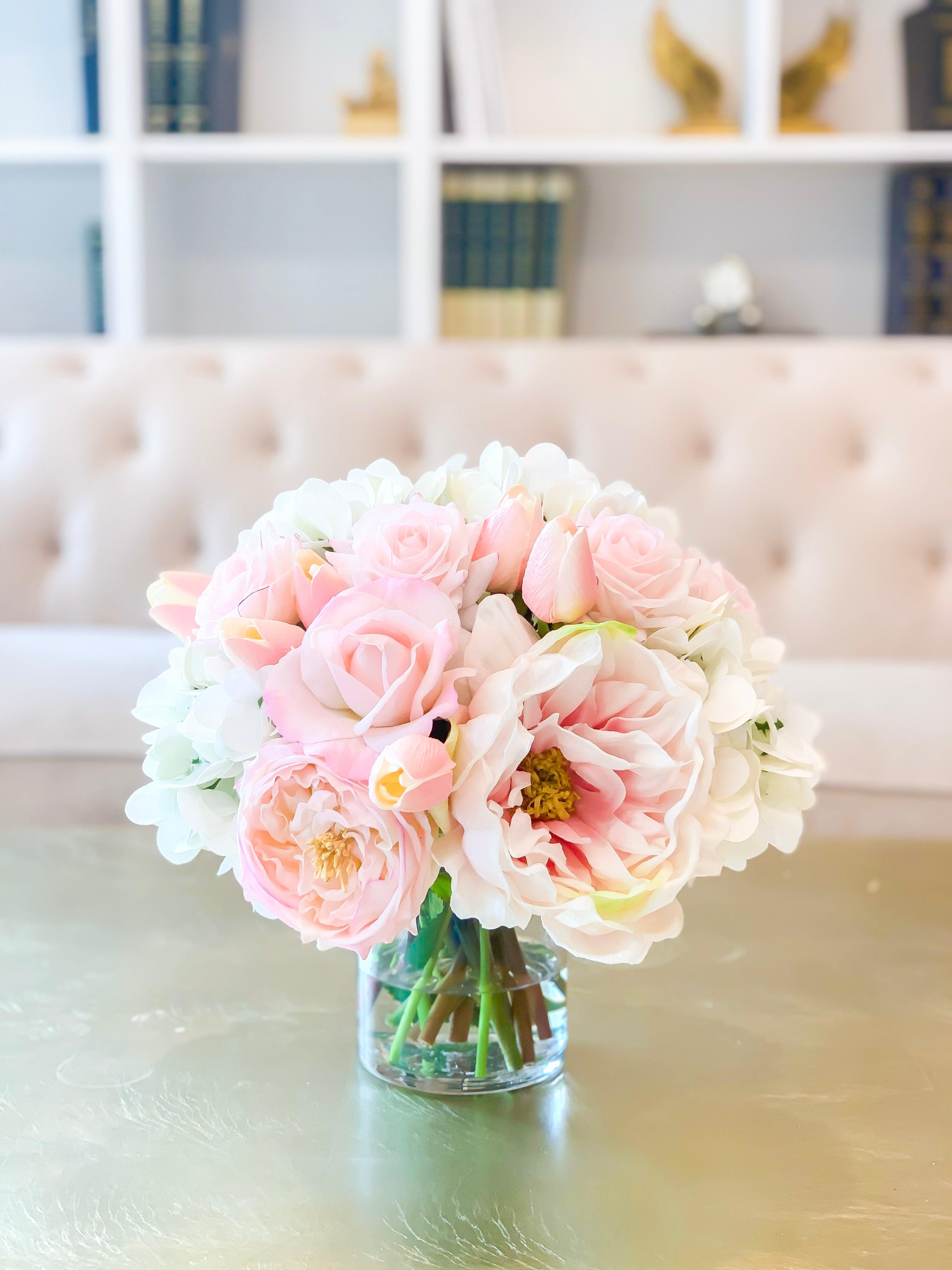 All Real Touch Centerpiece-Floral Arrangement-Pink Roses-Pink Peony -White Hydrangea-Pink Tulip Arrangement - Flovery