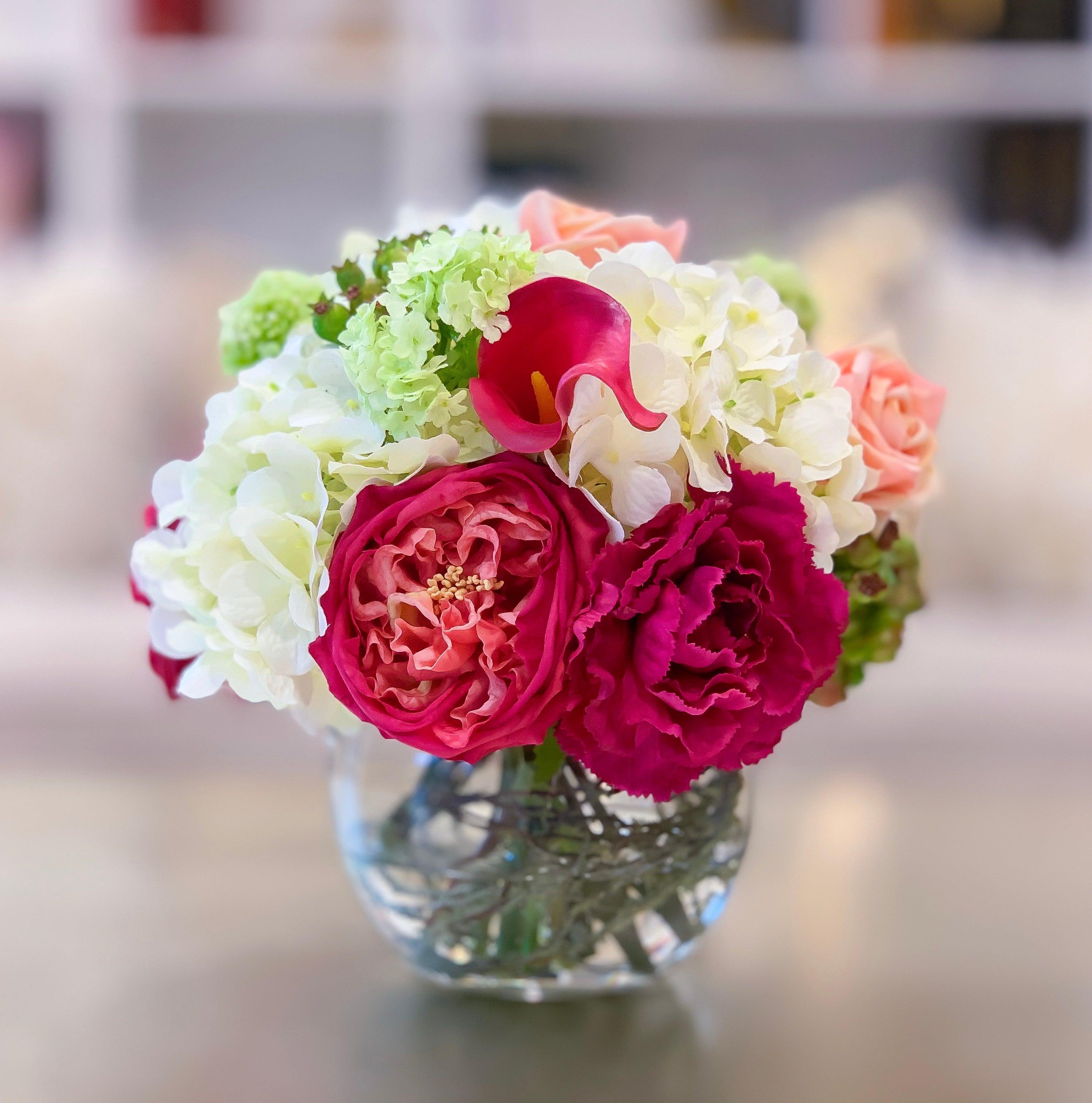 Real Touch Centerpiece English Magenta Roses Arrangement Mixed Pink Rose,  Carnation And White Hydrangea - Faux Arrangement - Flovery