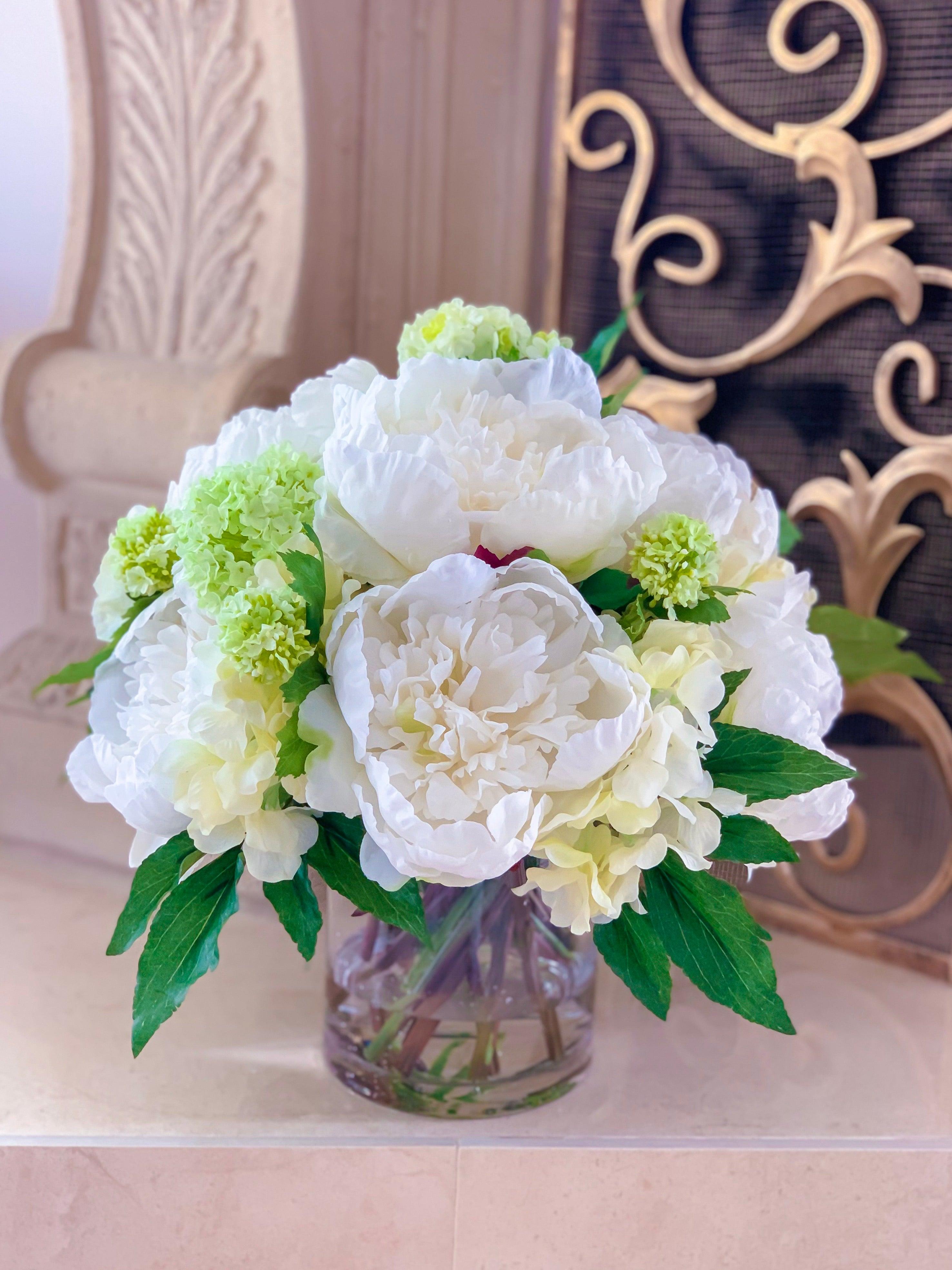 All Real Touch Peonies , Hydrangea Centerpiece Arrangement - Flovery