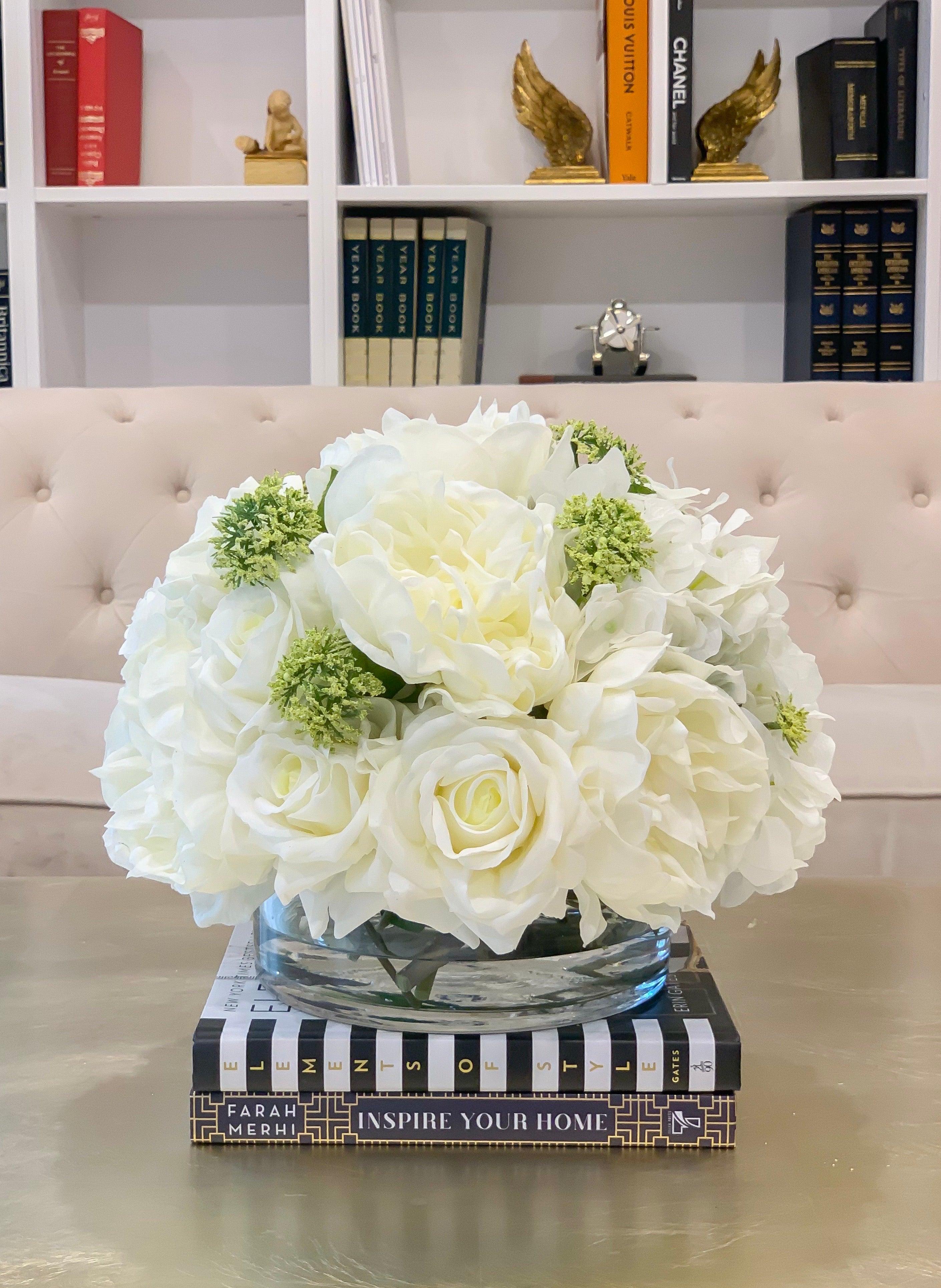 Large Real Touch Centerpiece-White Real Touch Roses-Peonies-Hydrangea Arrangement Dining Room-White Floral Arrangement-Luxury Faux Flowers - Flovery