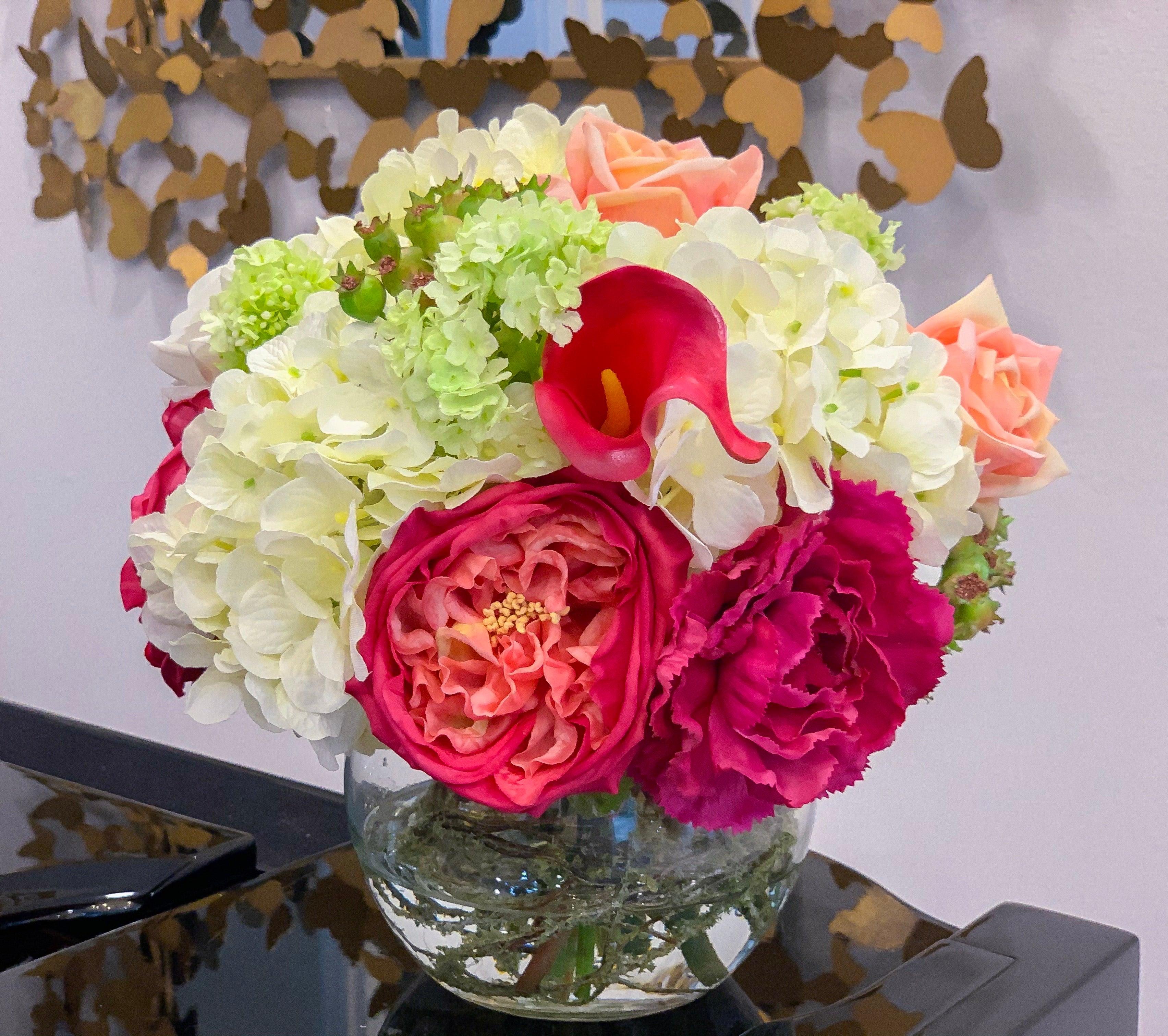Real Touch Centerpiece English Magenta Roses Arrangement Mixed Pink Rose,  Carnation And White Hydrangea - Faux Arrangement - Flovery