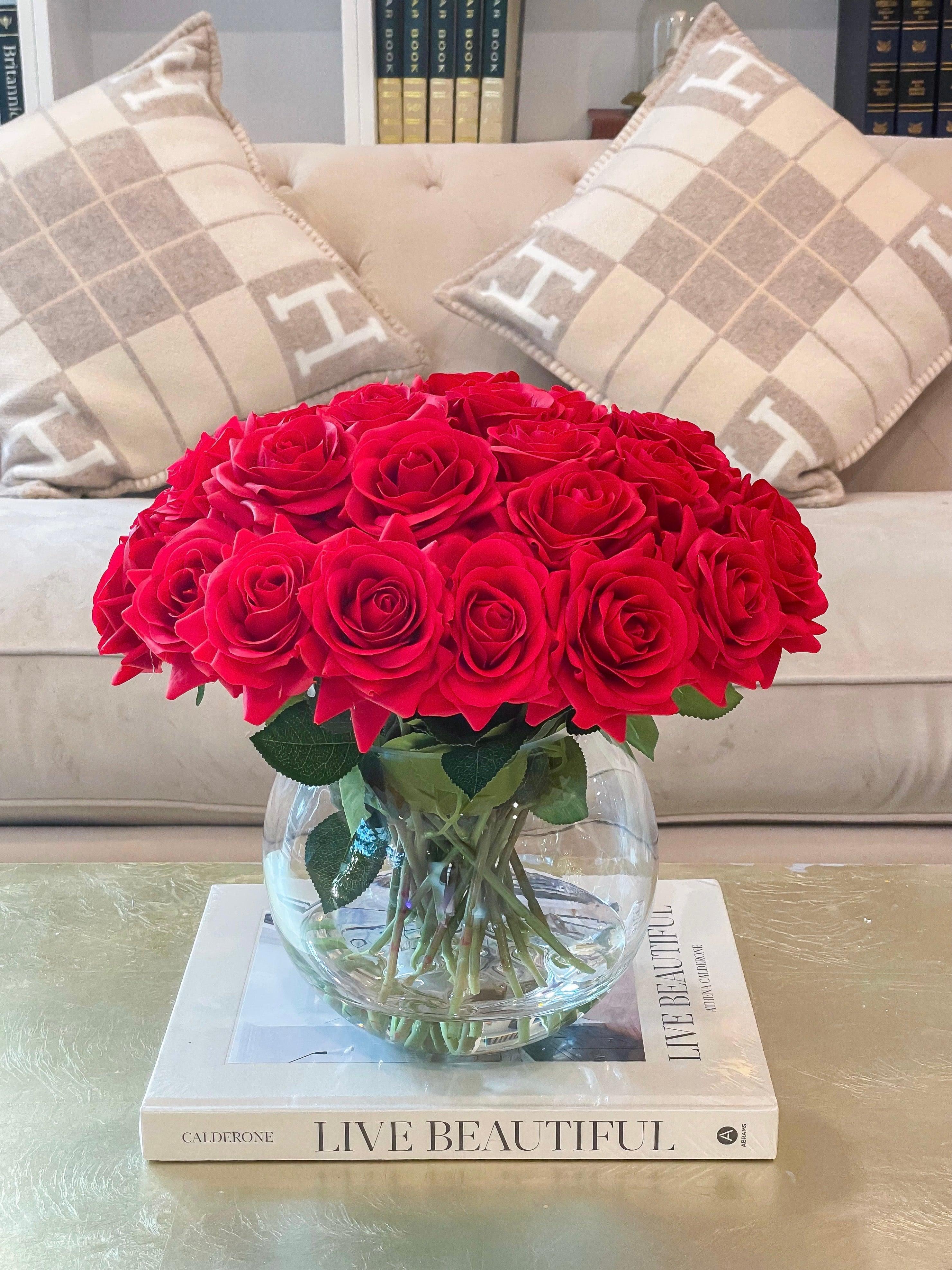 Rose Silk Flower Arrangement-Real Touch Rose Centerpiece-Silk Floral Arrangement-Table Arrangement-Roses in Faux Water-Valentine Arrangement - Flovery