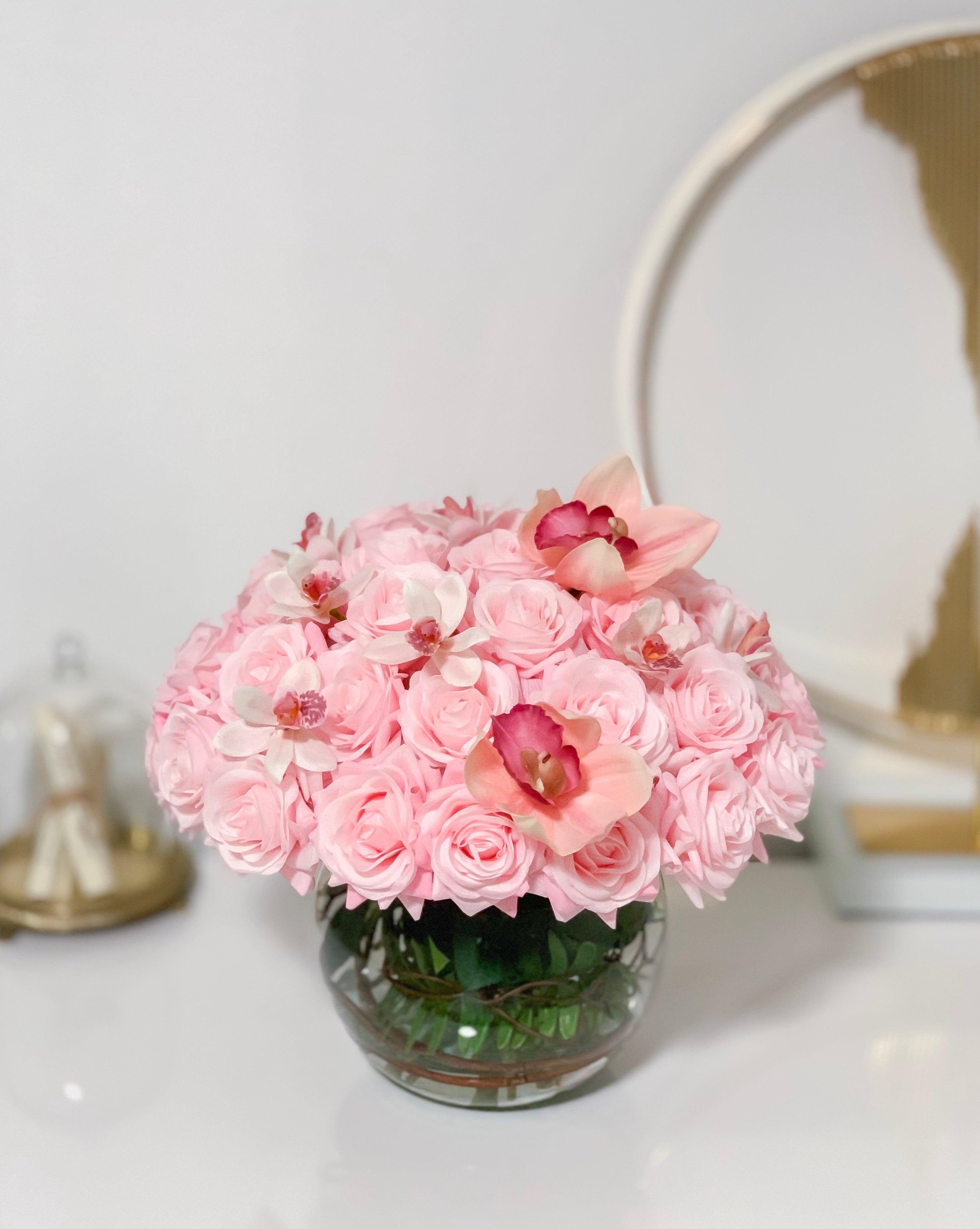 Real Touch Pink Roses-Real Touch Pink/White Orchids-Baby Pink/Pink/Blush Rose Flower Arrangement-Rose Faux Arrangement-Rose Centerpieces - Flovery