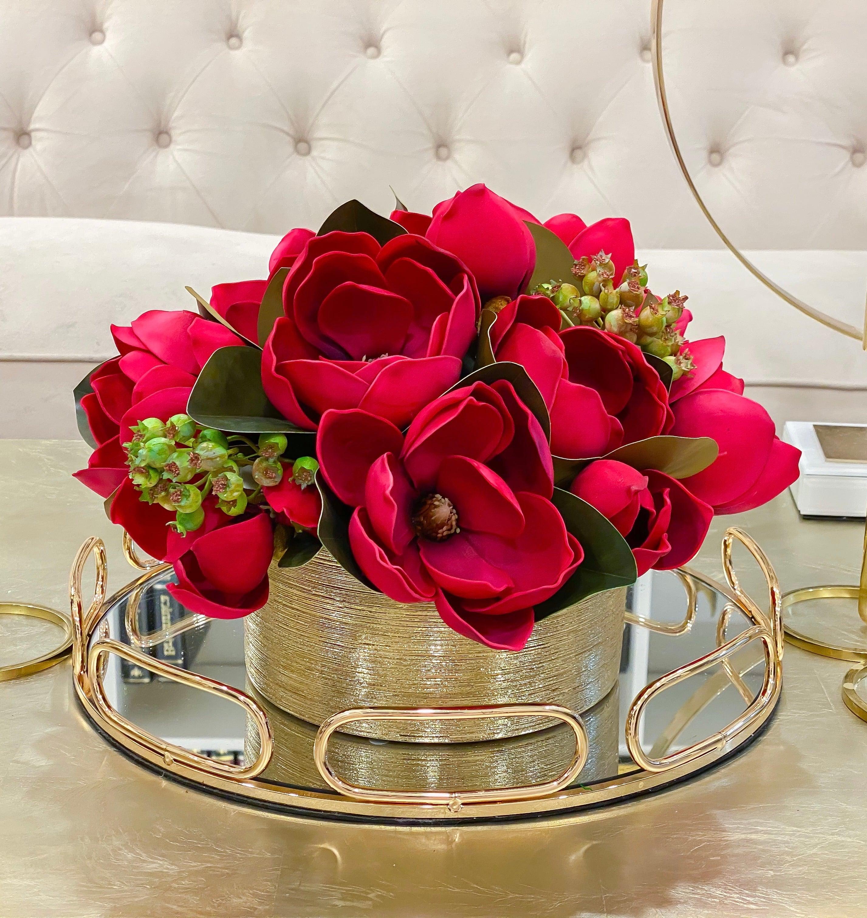 Magnolia Centerpiece in Cylinder Gold Vase - Flovery