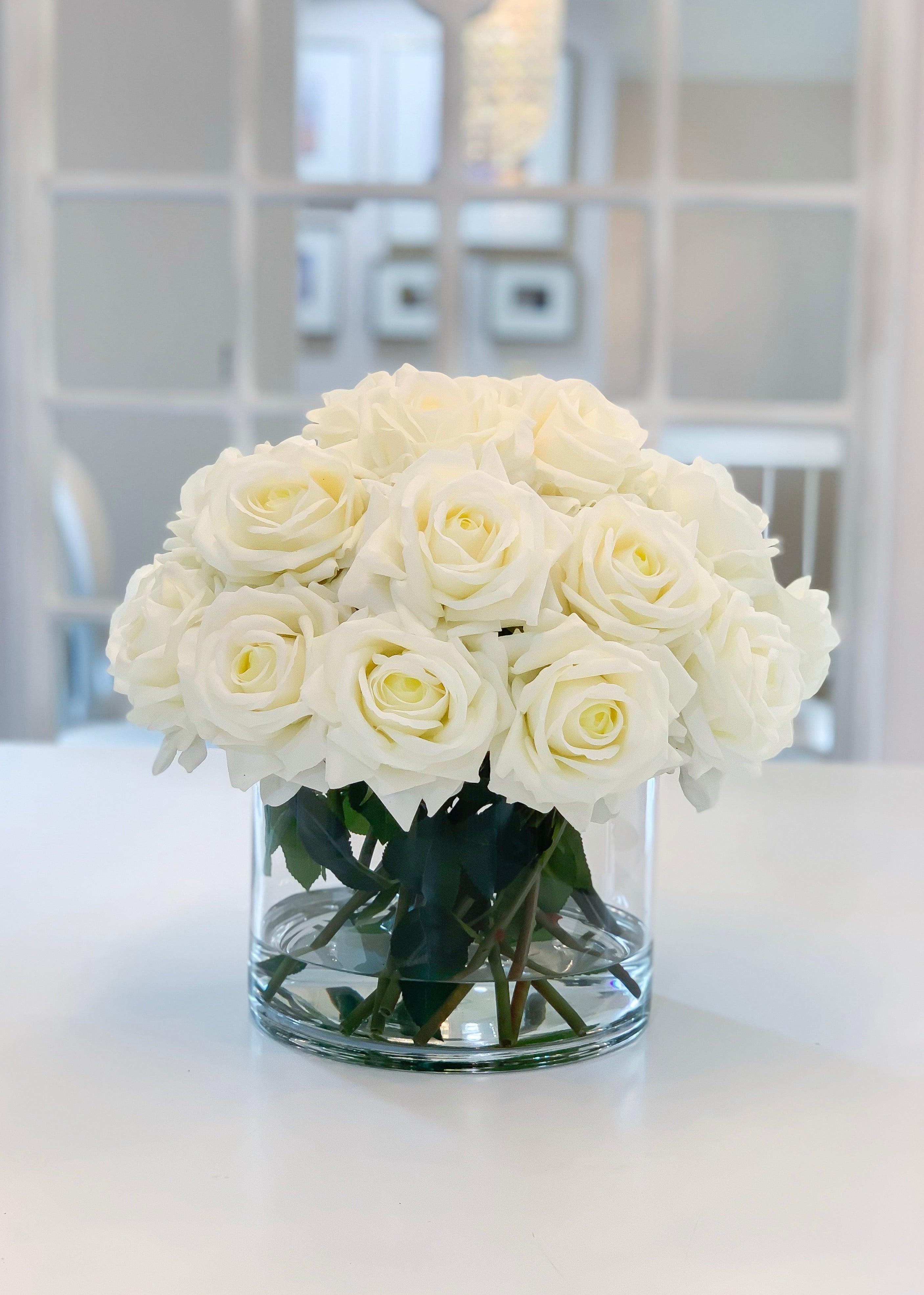 Giant White Rose Real Touch Flower Arrangement In Vase-Large Dining Table Centerpiece-White Real Touch Floral Arrangement Home Decor - Flovery