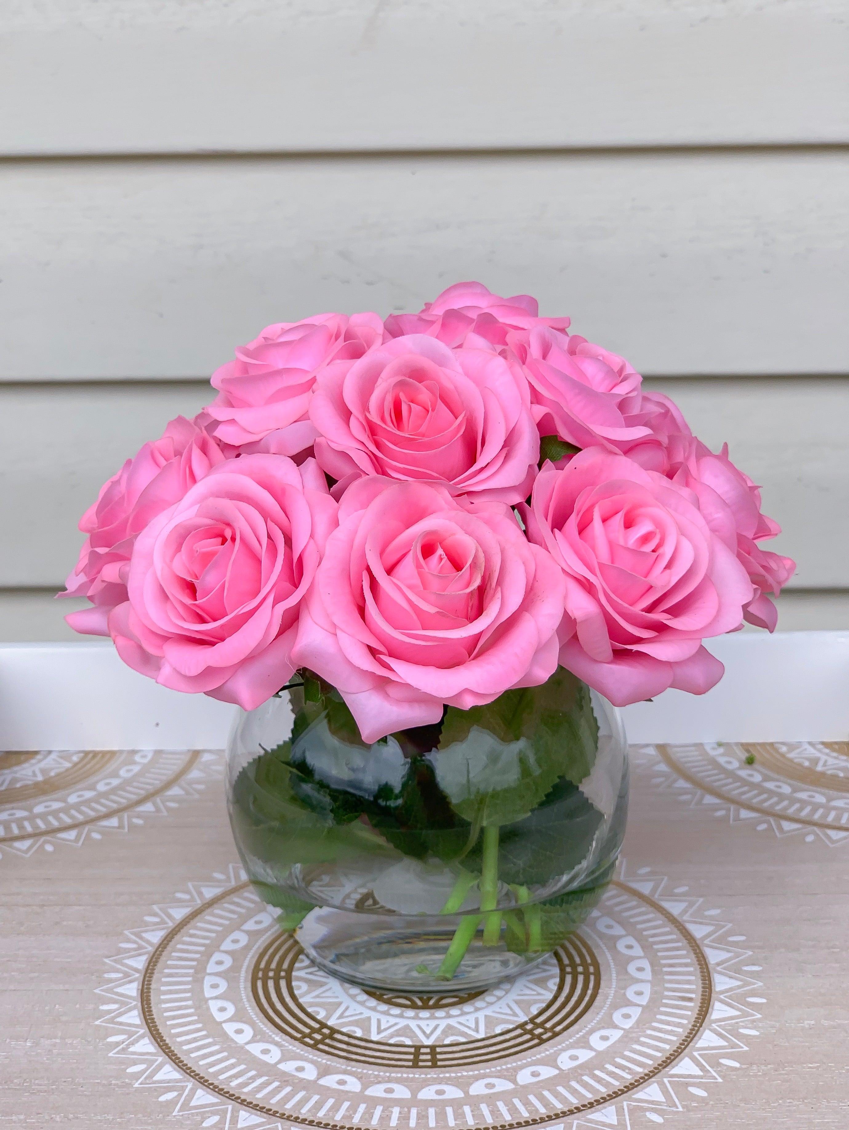 Real Touch Hot Pink Roses Arrangement-Pink Real Touch Flower Arrangement-Artificial Faux Silk Flowers-Real Touch Roses-Centerpiece-Pink Rose - Flovery