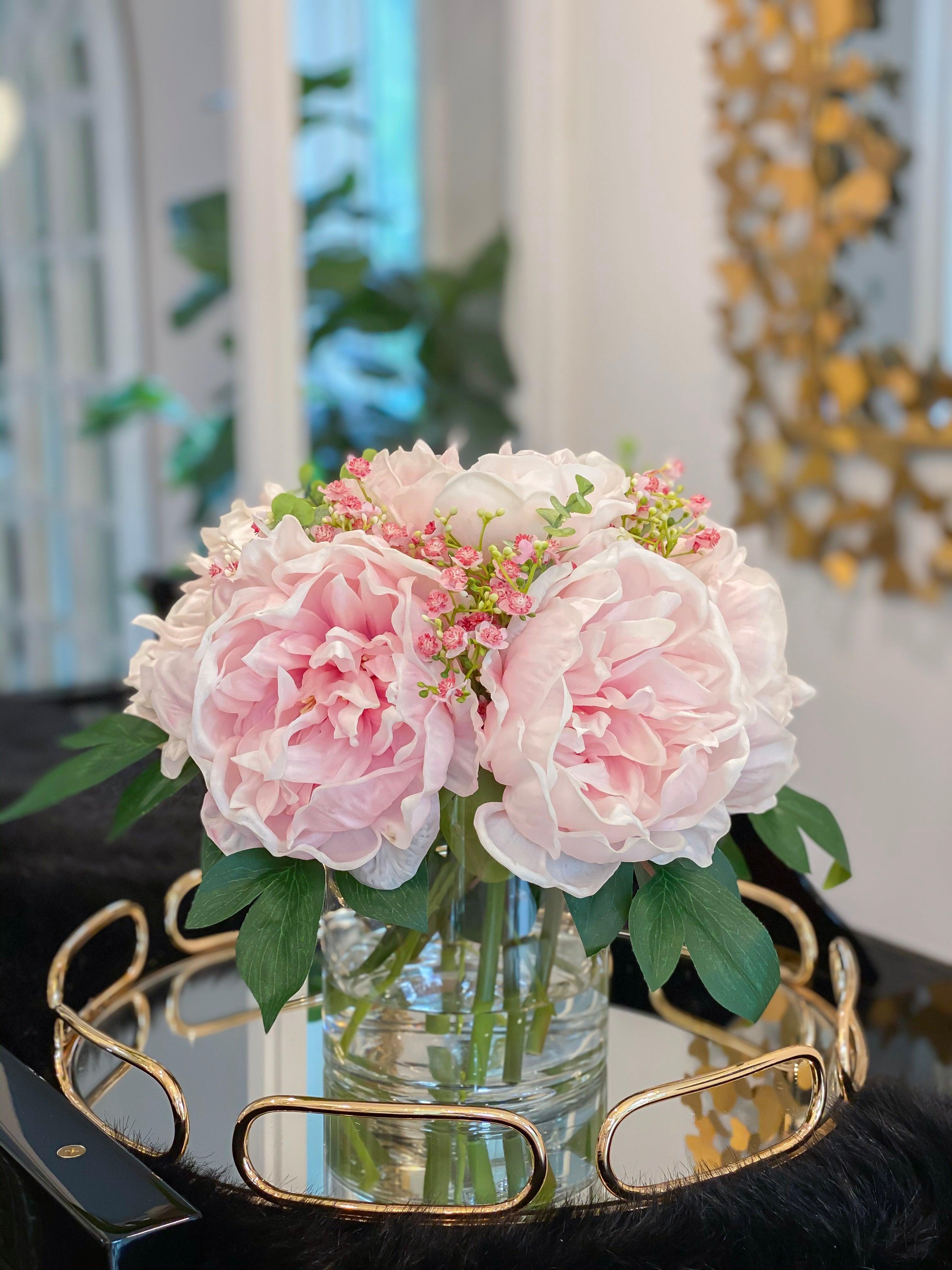 Real Touch Silk Floral Arrangement-Pink/Blush Pink Peonies Centerpiece- Real Touch Peonies Arrangement-Room Arrangement - Flovery