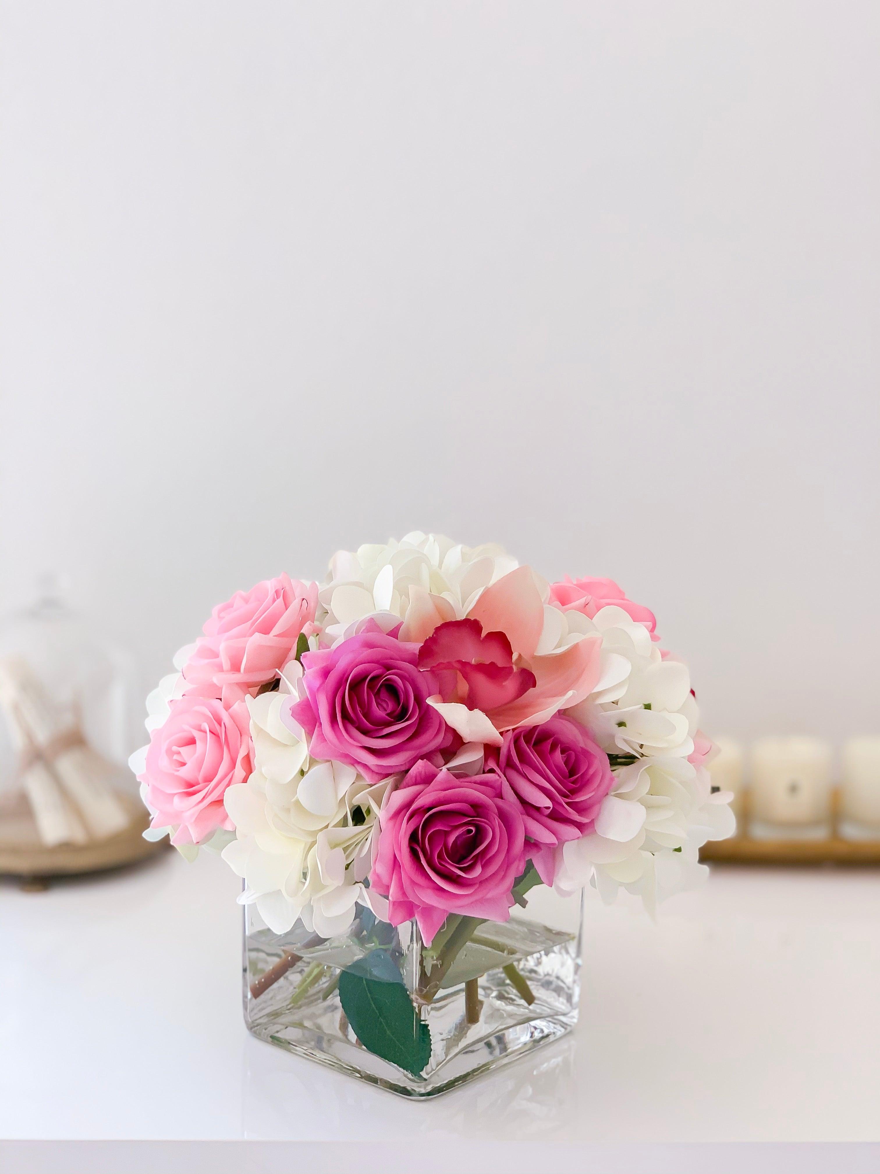 Real Touch Rose Centerpiece-Purple Roses-Pink Roses-Real Touch Hydrangea-Pink Orchid- Purple/Pink Arrangement - Flovery
