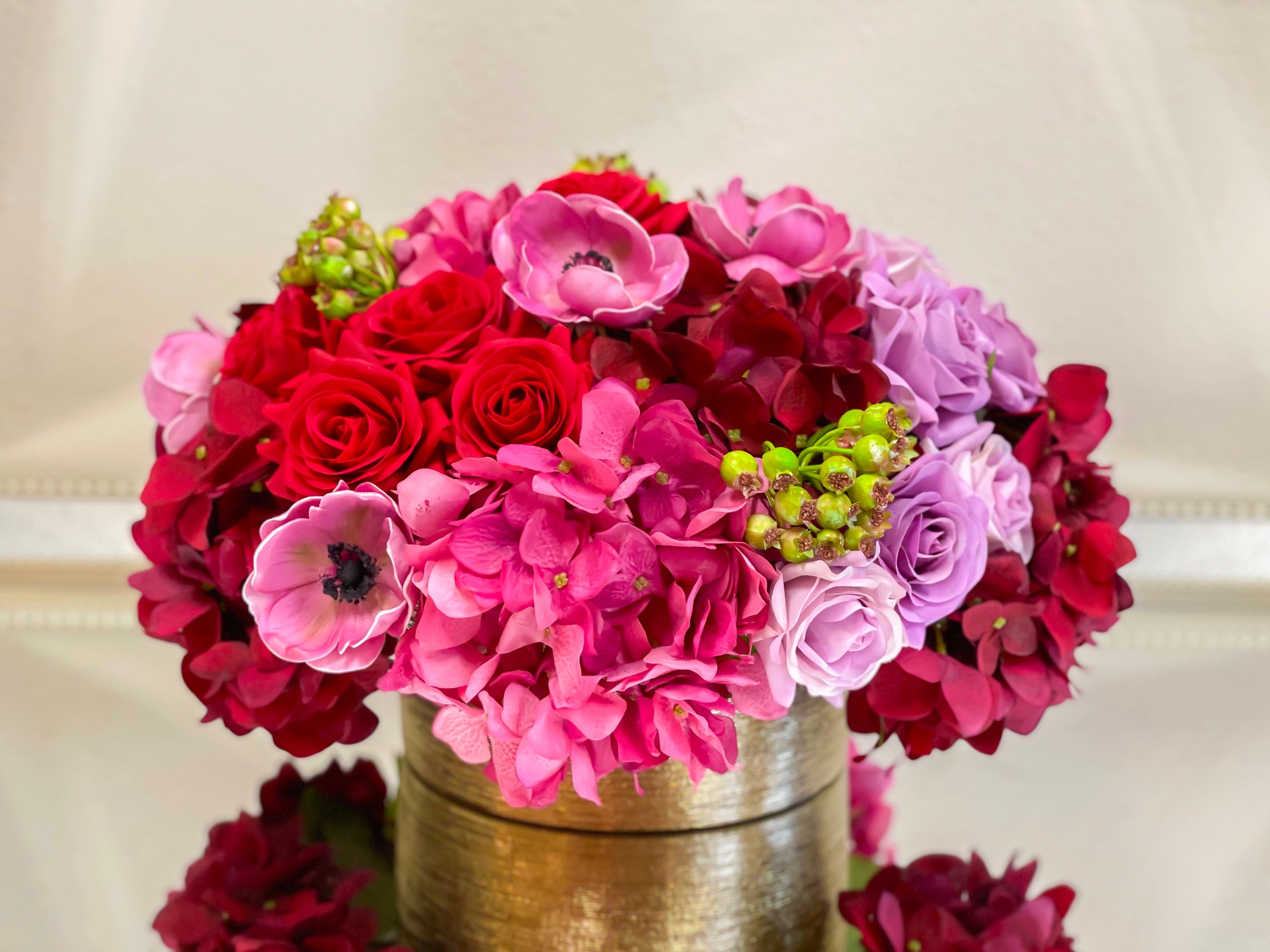 Red Rose Hydrangea Real Touch Arrangement in Gold Vase - Flovery