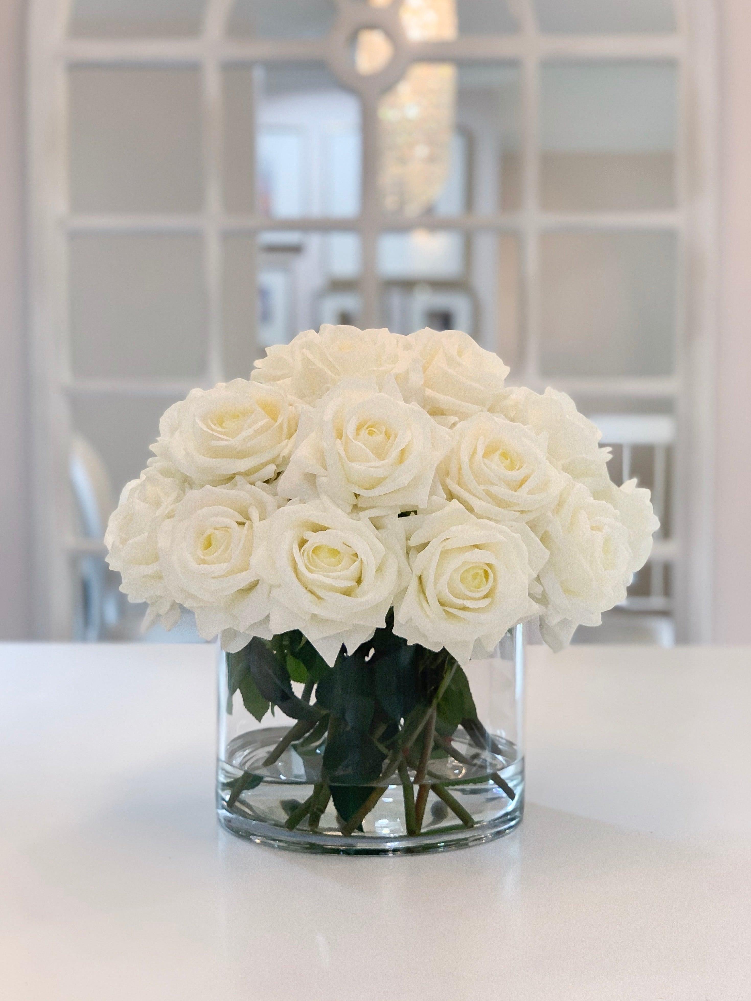 Giant White Rose Real Touch Flower Arrangement In Vase-Large Dining Table Centerpiece-White Real Touch Floral Arrangement Home Decor - Flovery