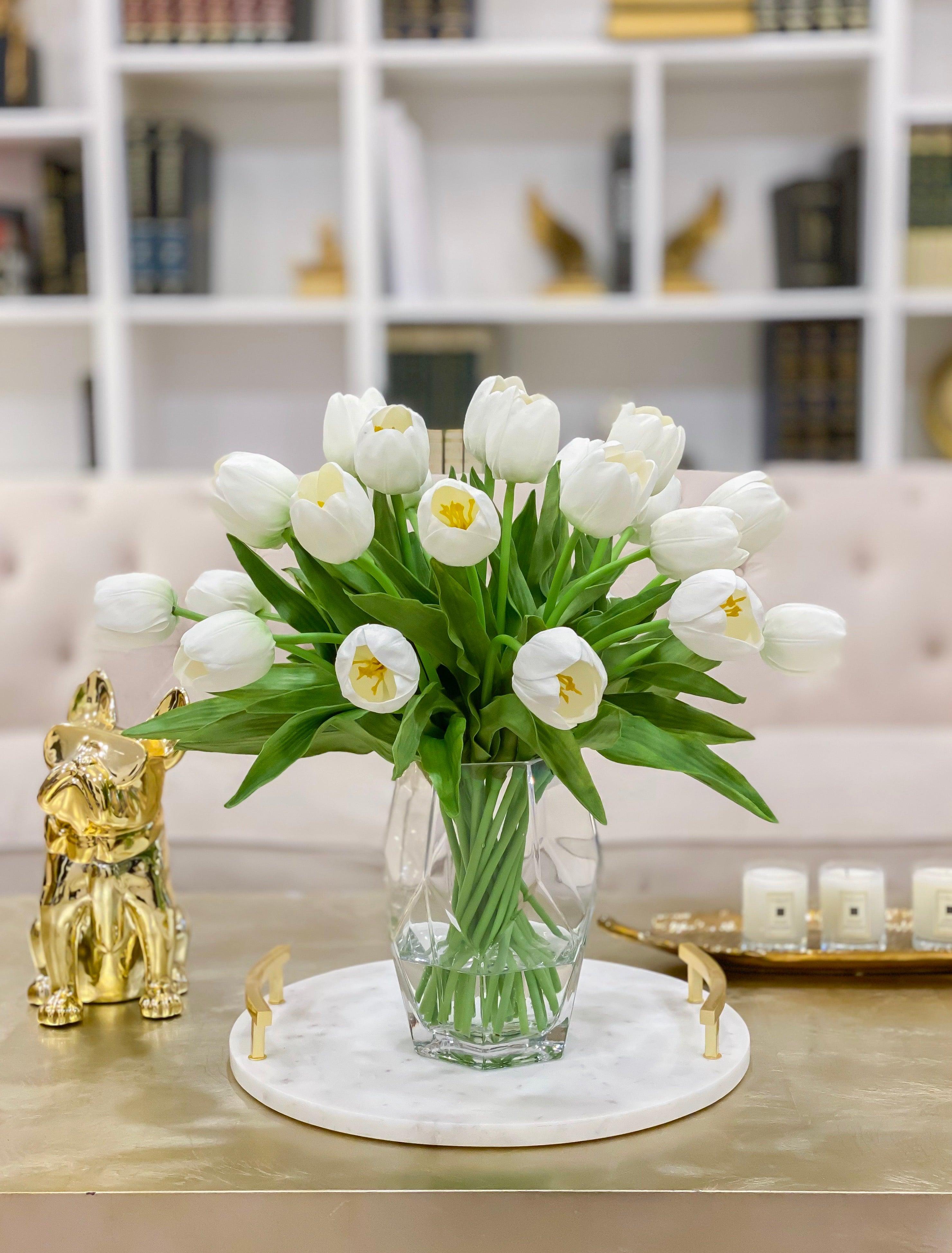 Large Real Touch Tulip Centerpiece in Prismatic Vase - Flovery