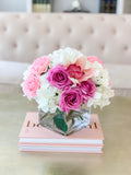 Real Touch Rose Centerpiece-Purple Roses-Pink Roses-Real Touch Hydrangea-Pink Orchid- Purple/Pink Arrangement - Flovery