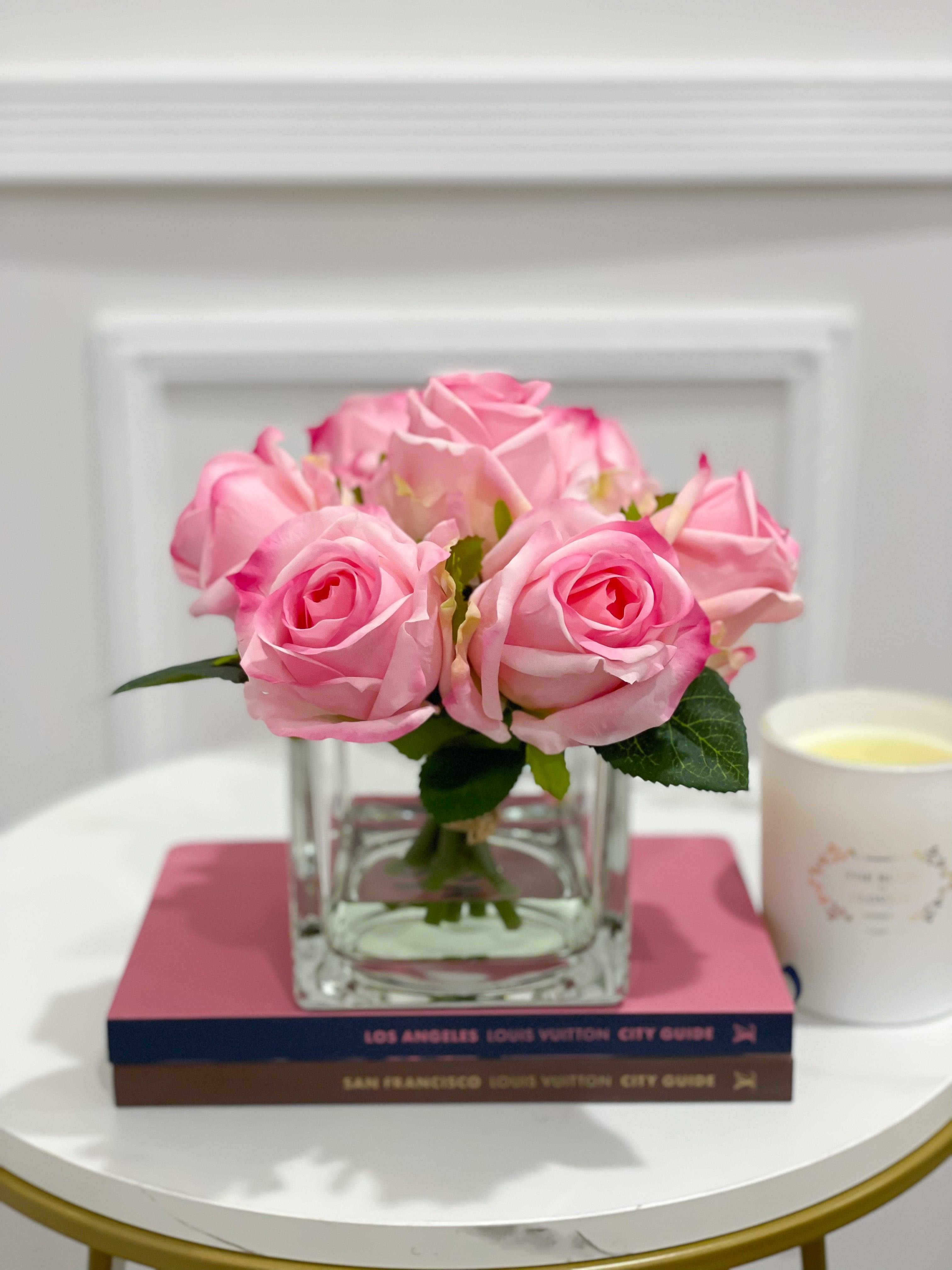 Real Touch Pink Roses Arrangement Square Glass - Flovery