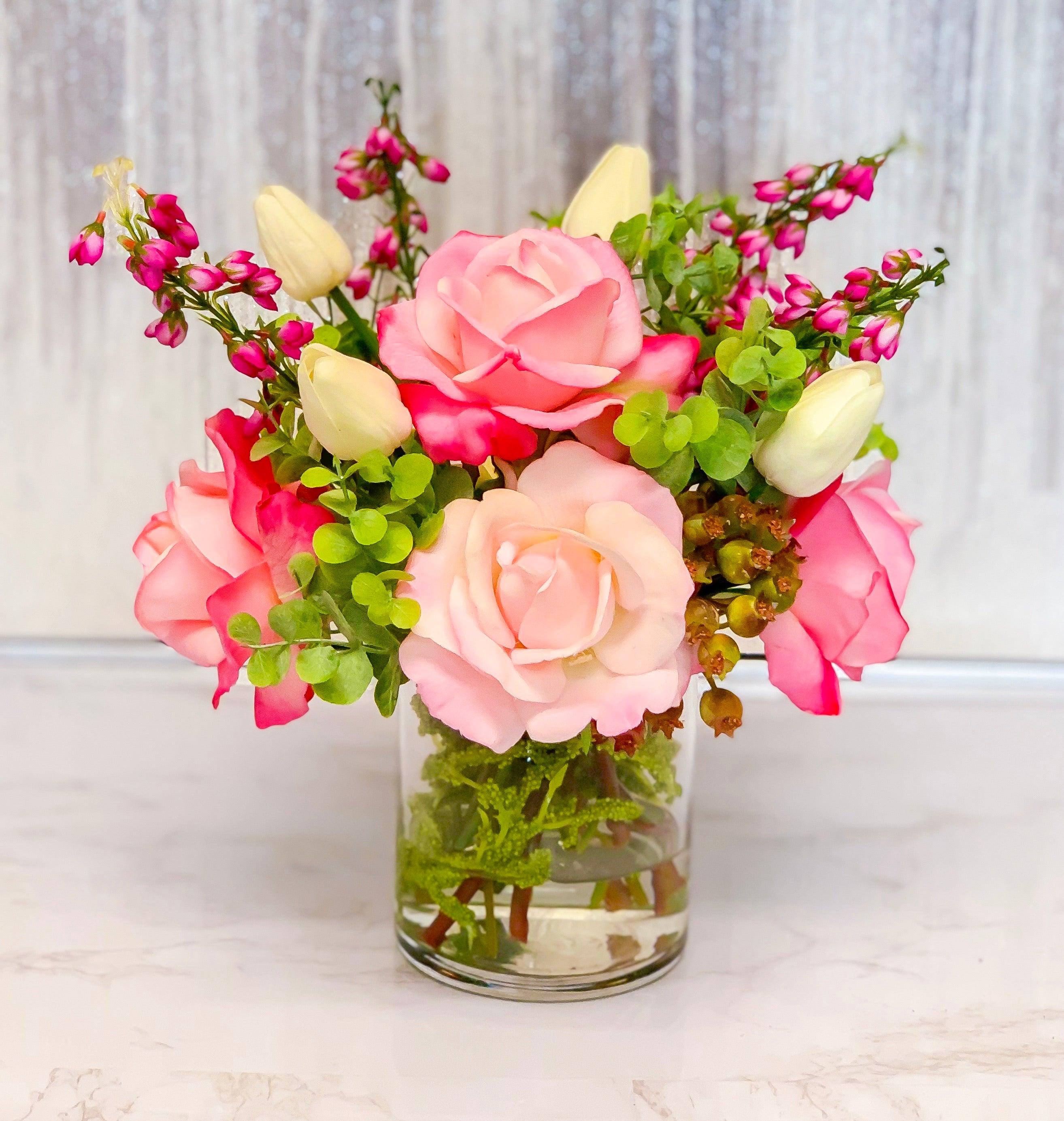 Real Touch Flowers Centerpiece - Real Touch Roses-Faux Floral Arrangement-Silk Flowers Arrangement - Silk Flowers - Flovery