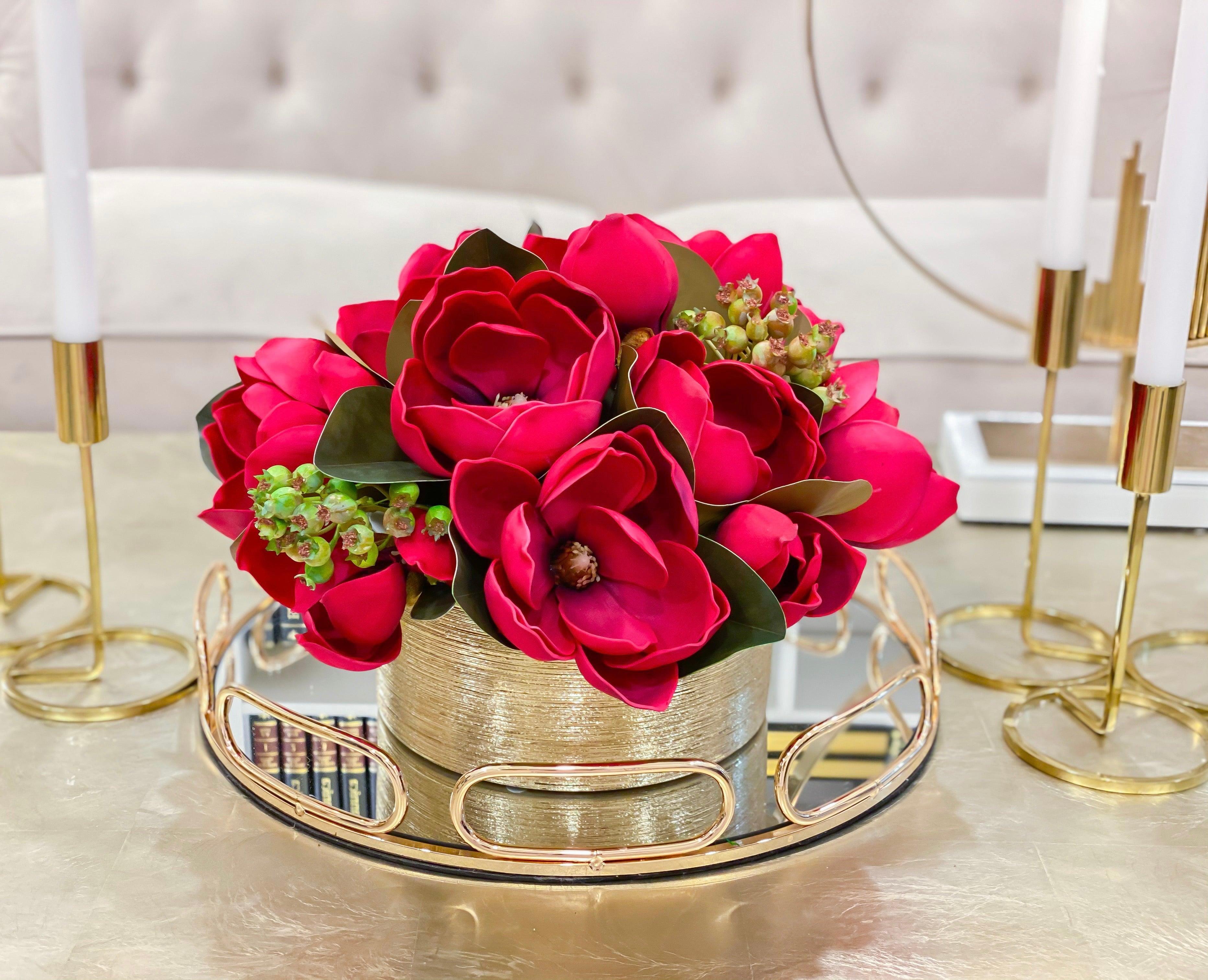 Magnolia Centerpiece in Cylinder Gold Vase - Flovery