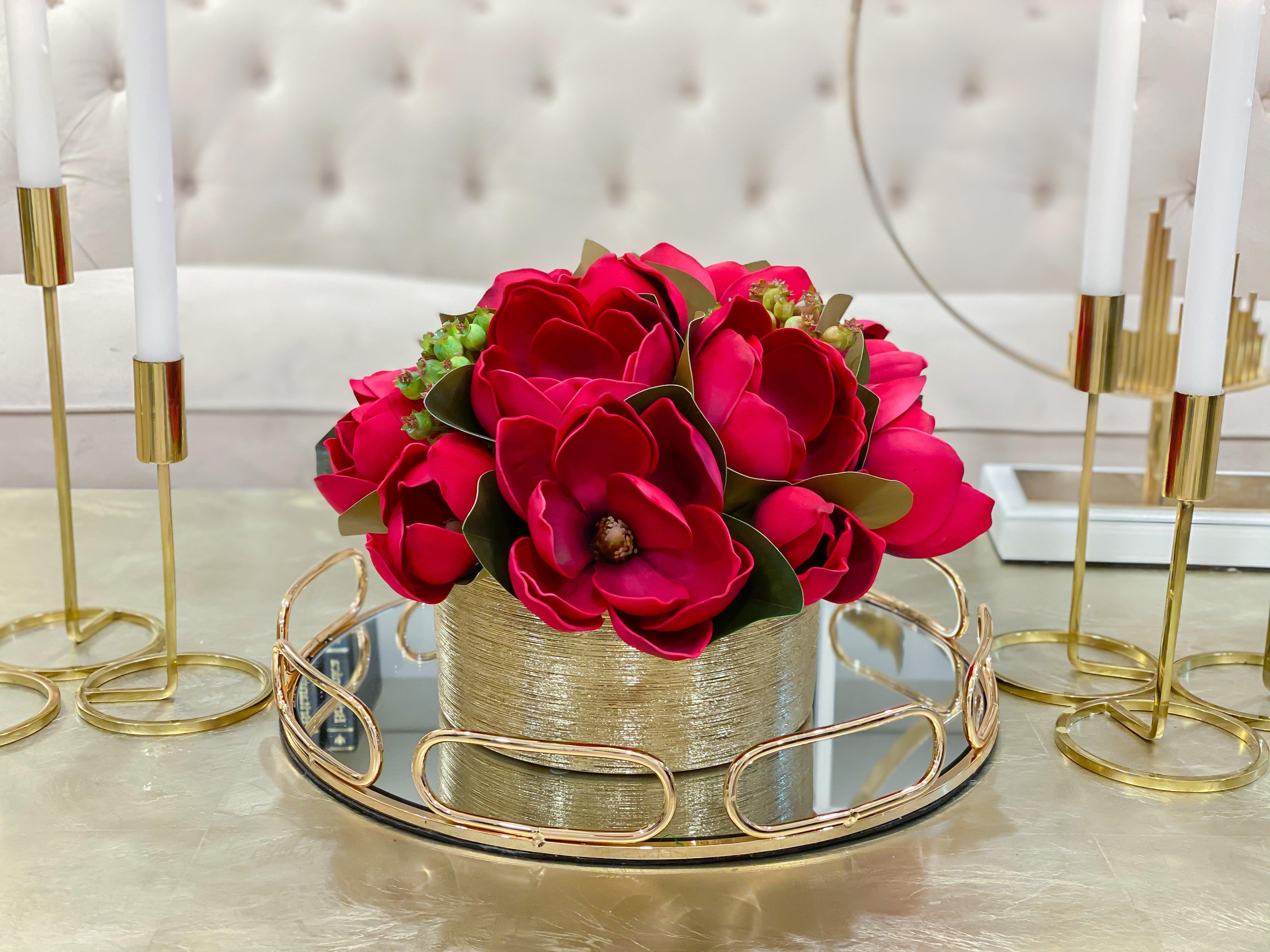 Magnolia Centerpiece in Cylinder Gold Vase - Flovery