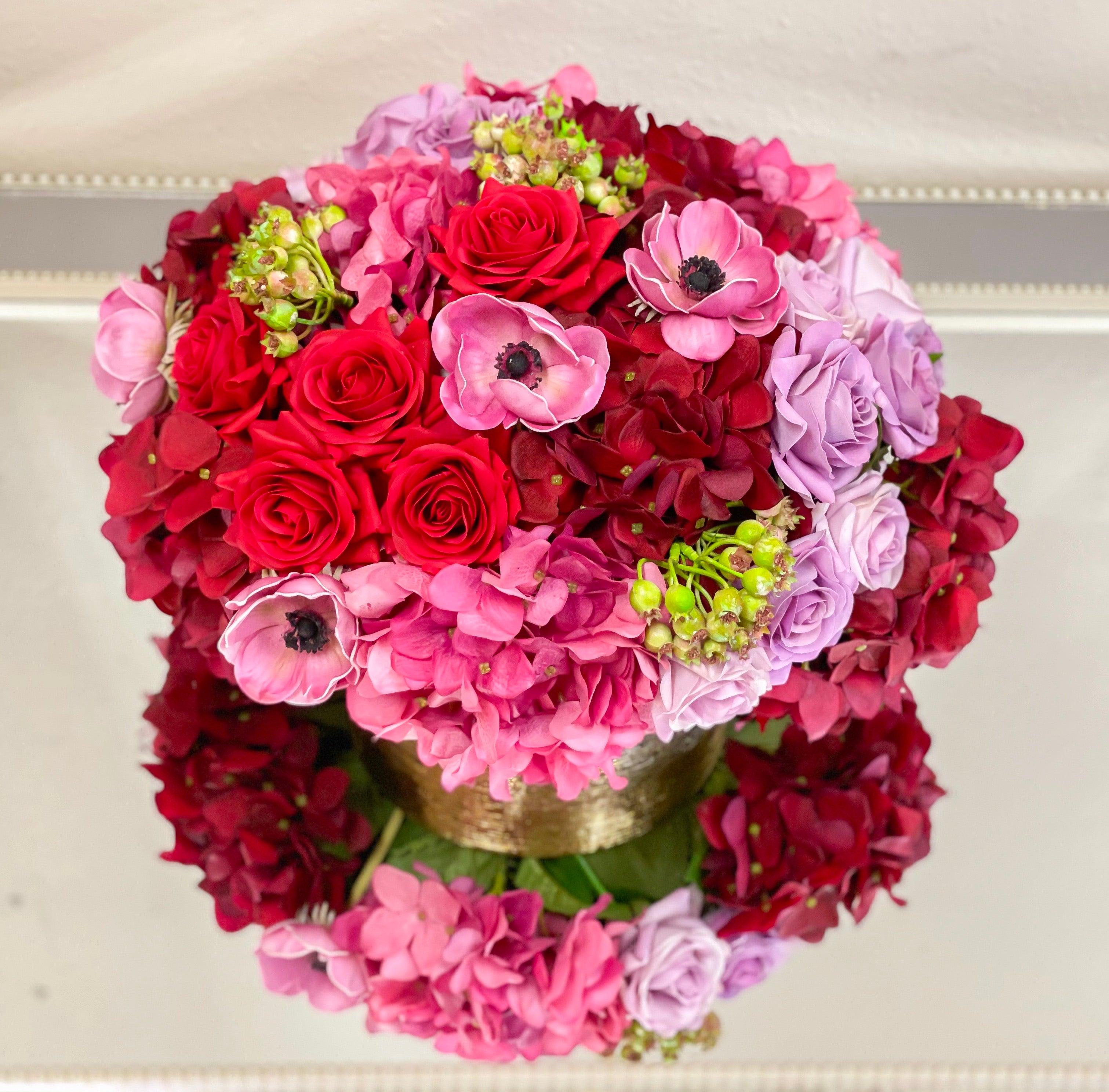 Red Rose Hydrangea Real Touch Arrangement in Gold Vase - Flovery
