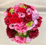 Red Rose Hydrangea Real Touch Arrangement in Gold Vase - Flovery