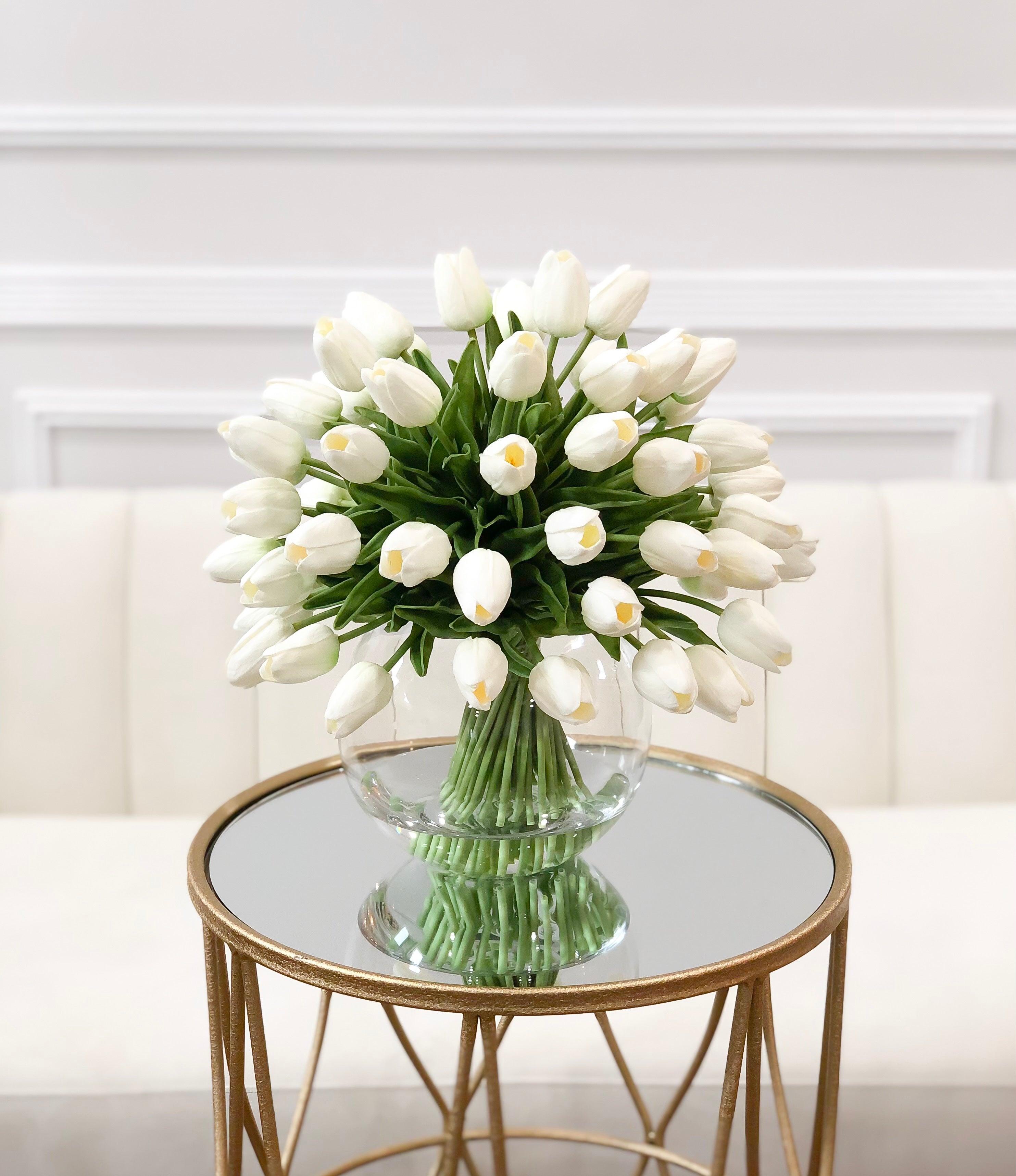 60 White Tulips Centerpiece Glass Vase - Flovery