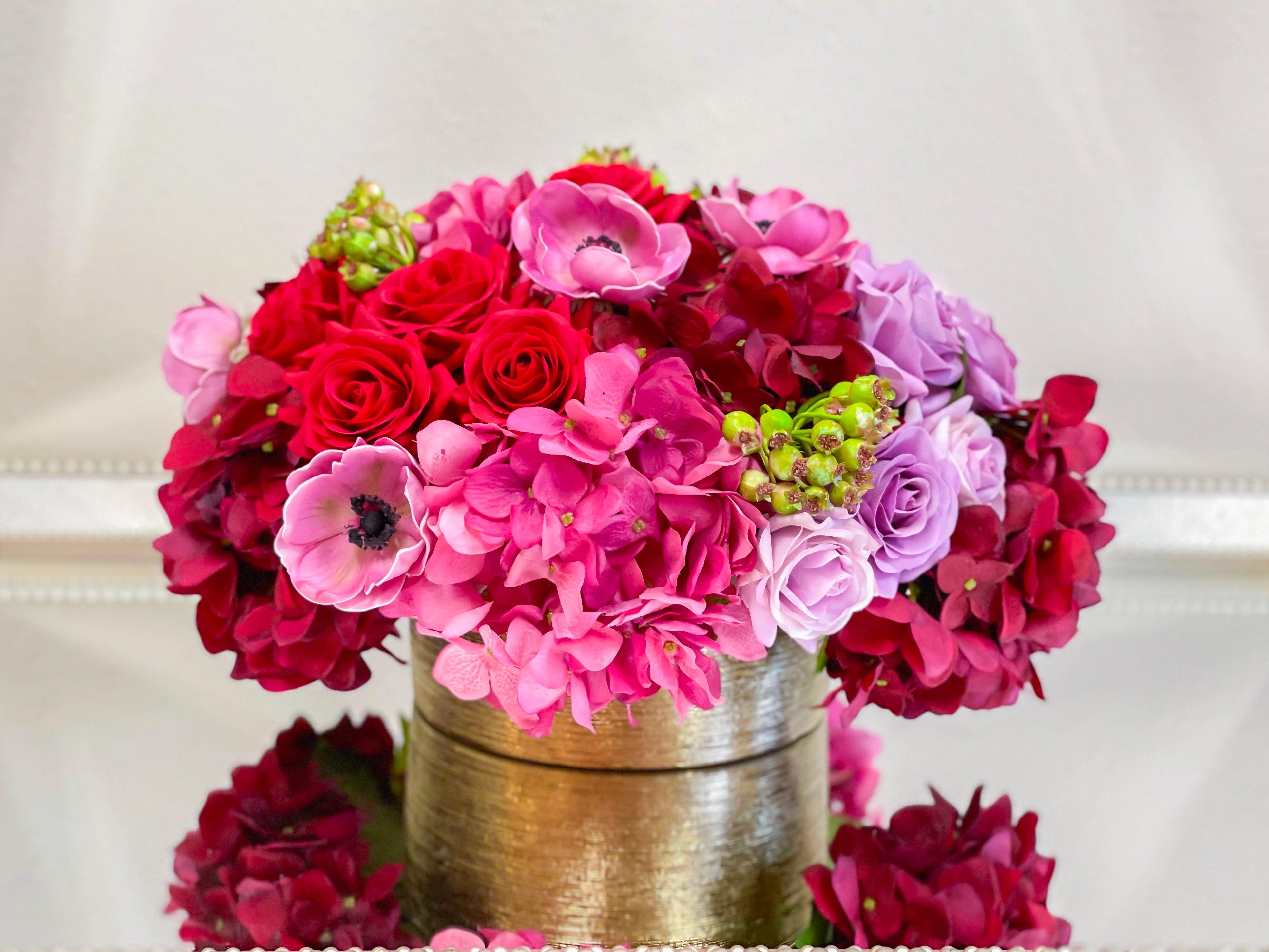 Red Rose Hydrangea Real Touch Arrangement in Gold Vase - Flovery