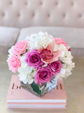 Real Touch Rose Centerpiece-Purple Roses-Pink Roses-Real Touch Hydrangea-Pink Orchid- Purple/Pink Arrangement - Flovery