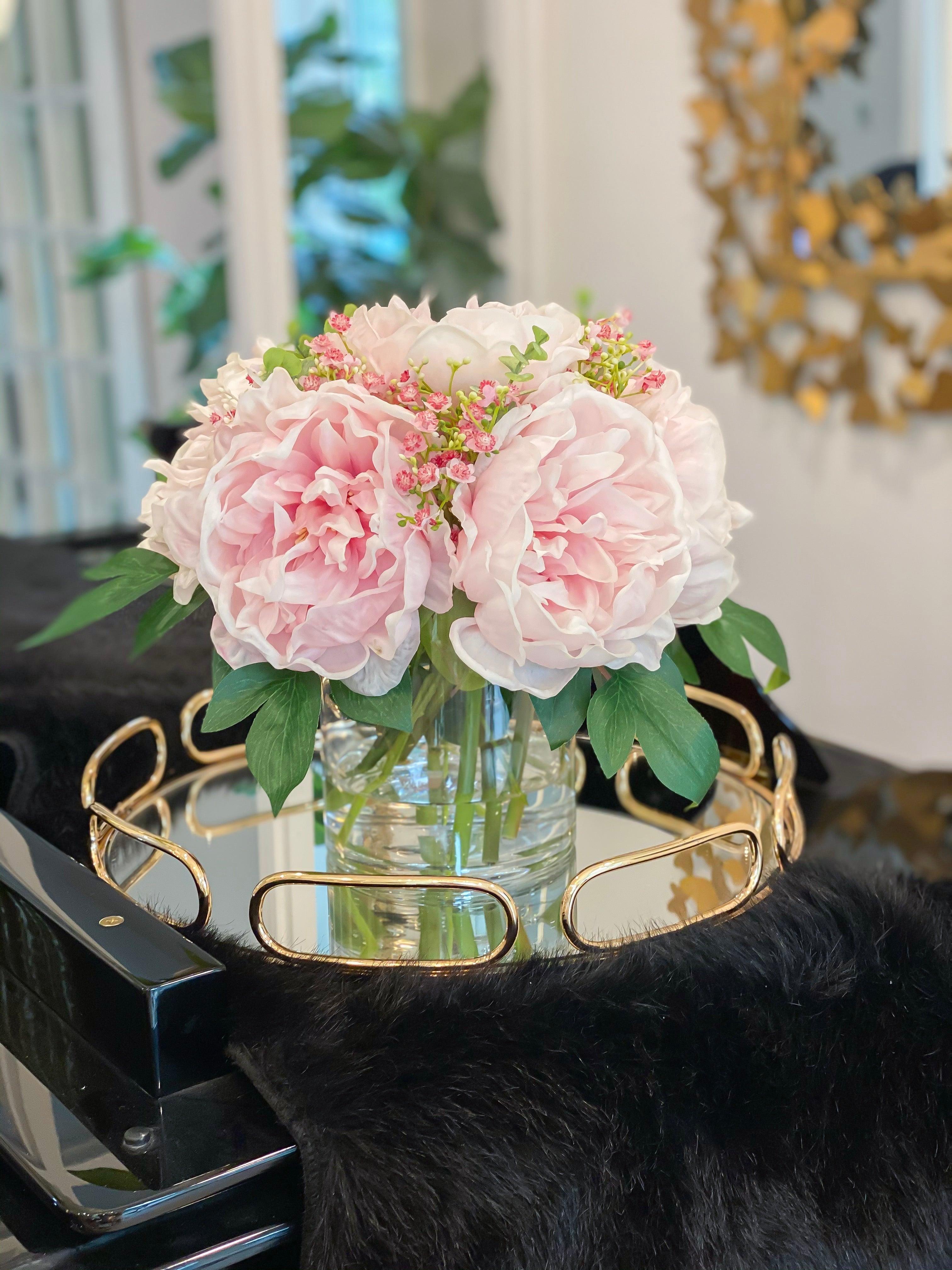 Real Touch Silk Floral Arrangement-Pink/Blush Pink Peonies Centerpiece- Real Touch Peonies Arrangement-Room Arrangement - Flovery