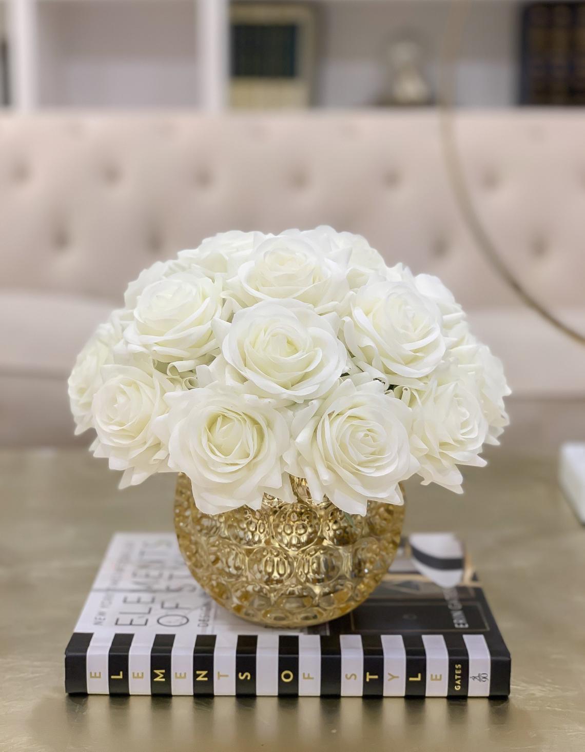 Large Rose Centerpiece in Gold Vase - Flovery