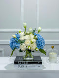 French Country Peony Arrangement in Vase, Blue Floral Arrangement