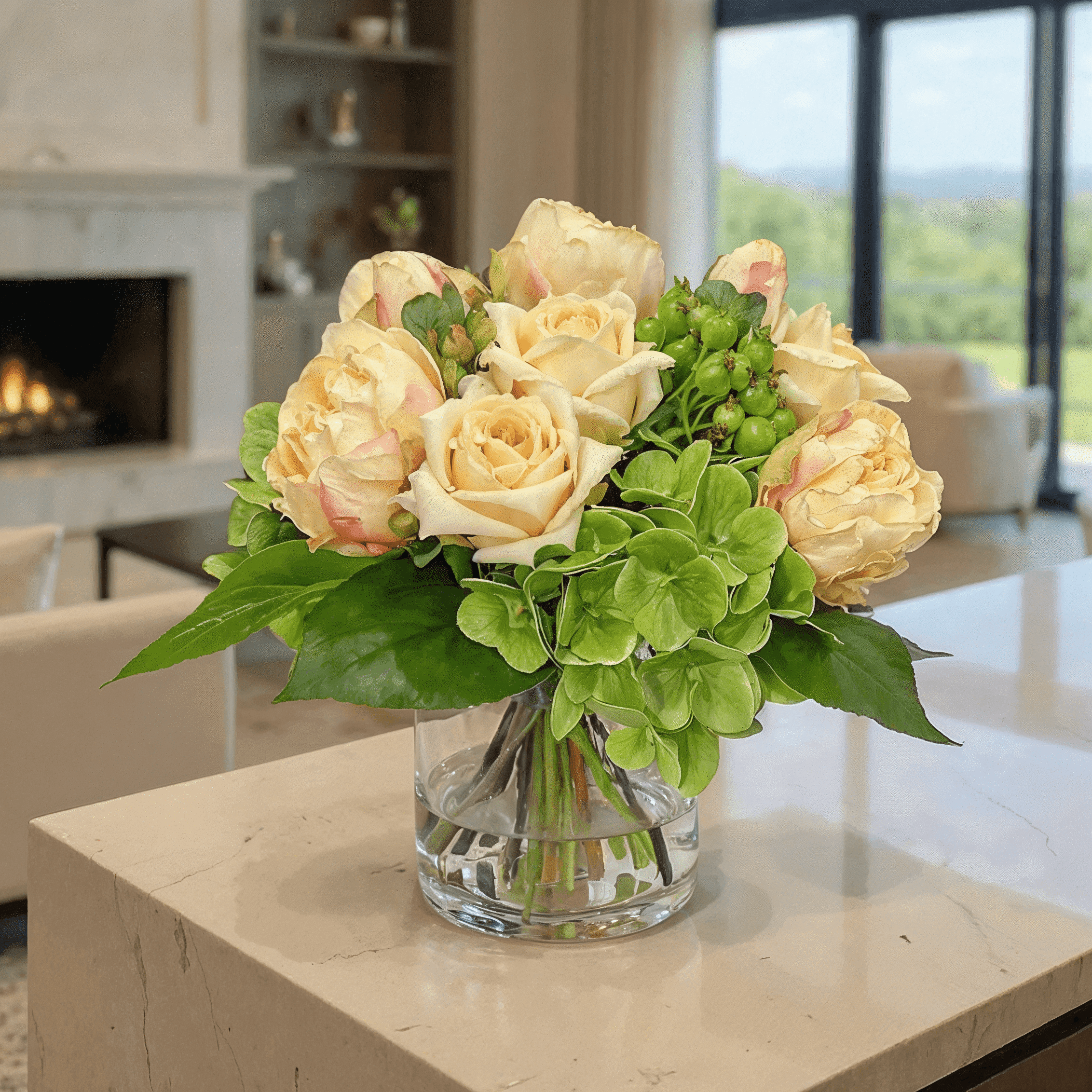 Champagne Real Touch Rose & Green Hydrangea Arrangement in Glass Vase - Flovery Main image